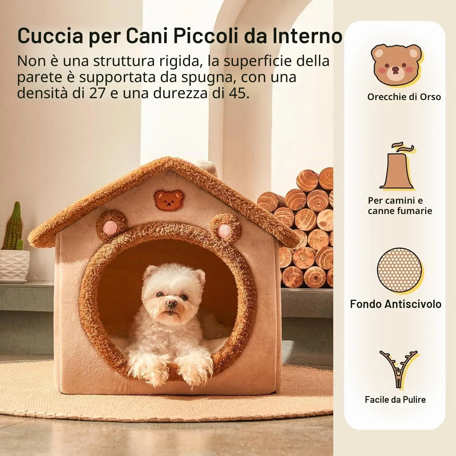 Jiupety Cuccia Cane Interno Chiusa Taglia Piccolo con Motivo a Stella, Cuccia Pelosa per Cani da Interno Taglia M 48 x 41 x 38 CM, Small Cat Dog House, Brown Bear - immagine 5