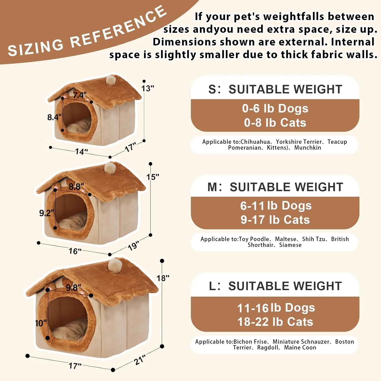 Jiupety Cuccia Cane Interno Chiusa Taglia Piccolo con Motivo a Stella, Cuccia Pelosa per Cani da Interno Taglia M 48 x 41 x 38 CM, Small Cat Dog House, Brown Bear - immagine 6