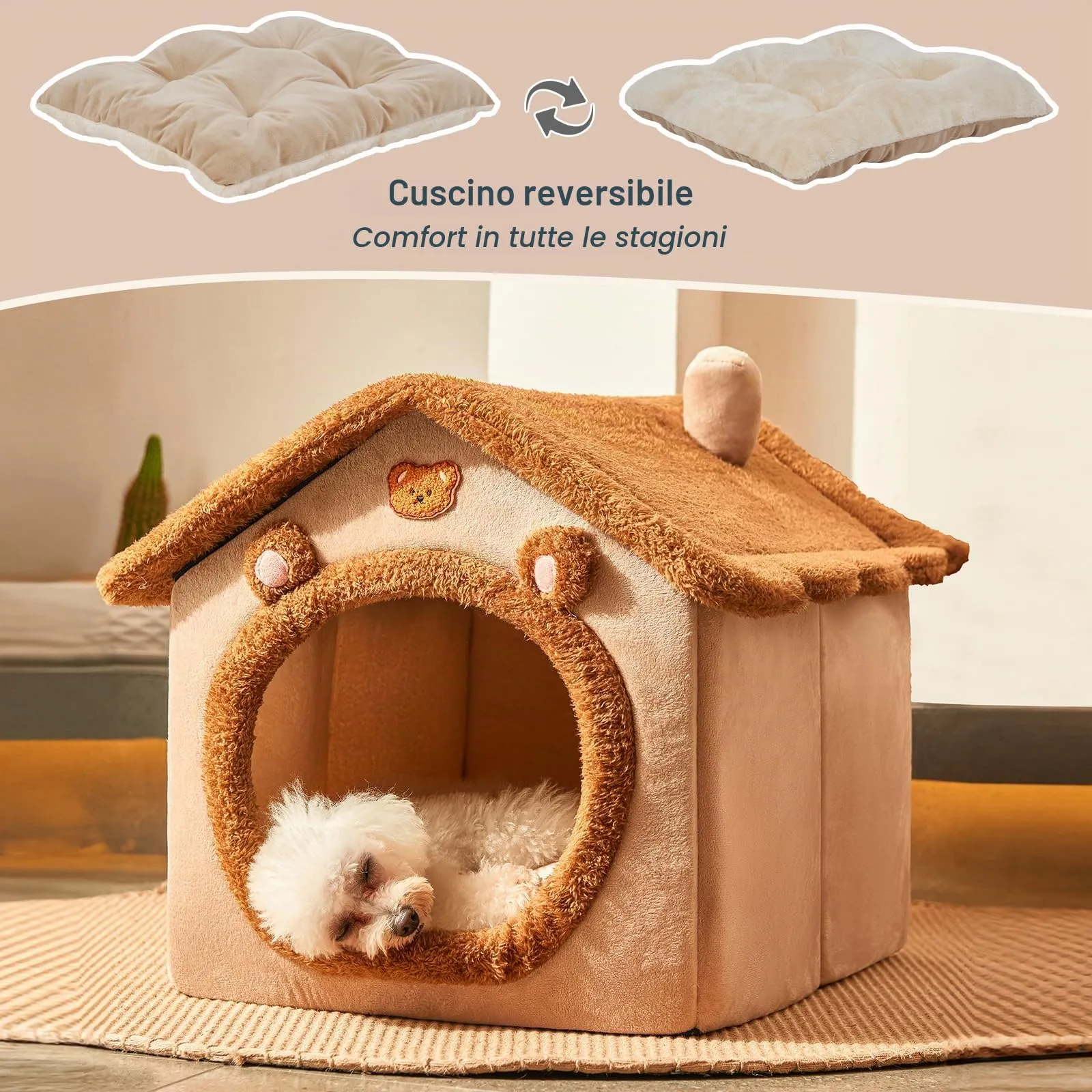 Jiupety Cuccia Cane Interno Chiusa Taglia Piccolo con Motivo a Stella, Cuccia Pelosa per Cani da Interno Taglia M 48 x 41 x 38 CM, Small Cat Dog House, Brown Bear - immagine 7