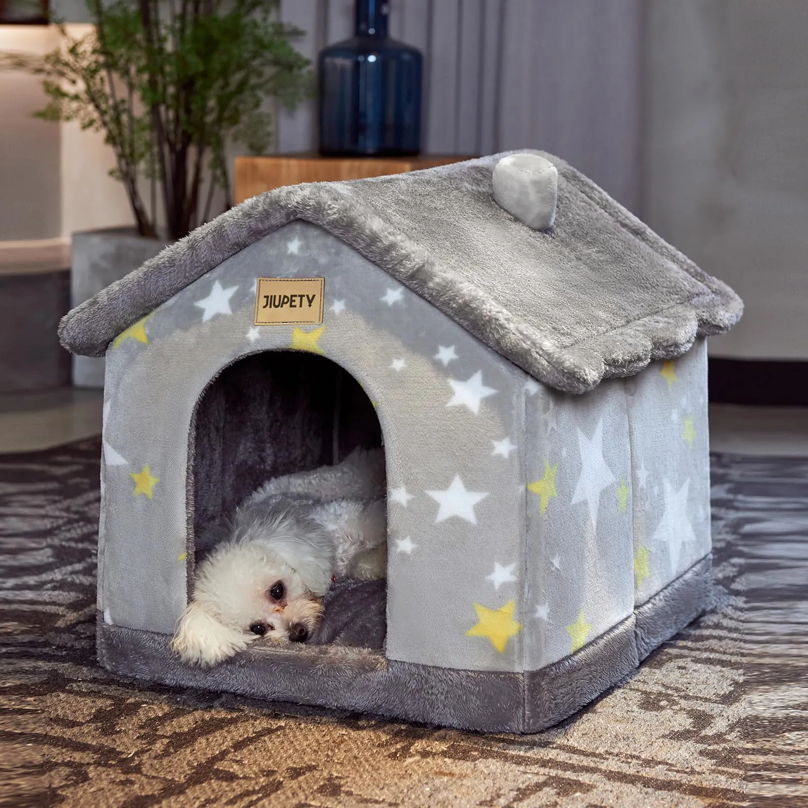 Jiupety Cuccia Cane Interno Chiusa Taglia Piccolo con Motivo a Stella, Cuccia Pelosa per Cani da Interno Taglia M 48 x 41 x 38 CM, Small Cat Dog House, Grey Star - immagine 1