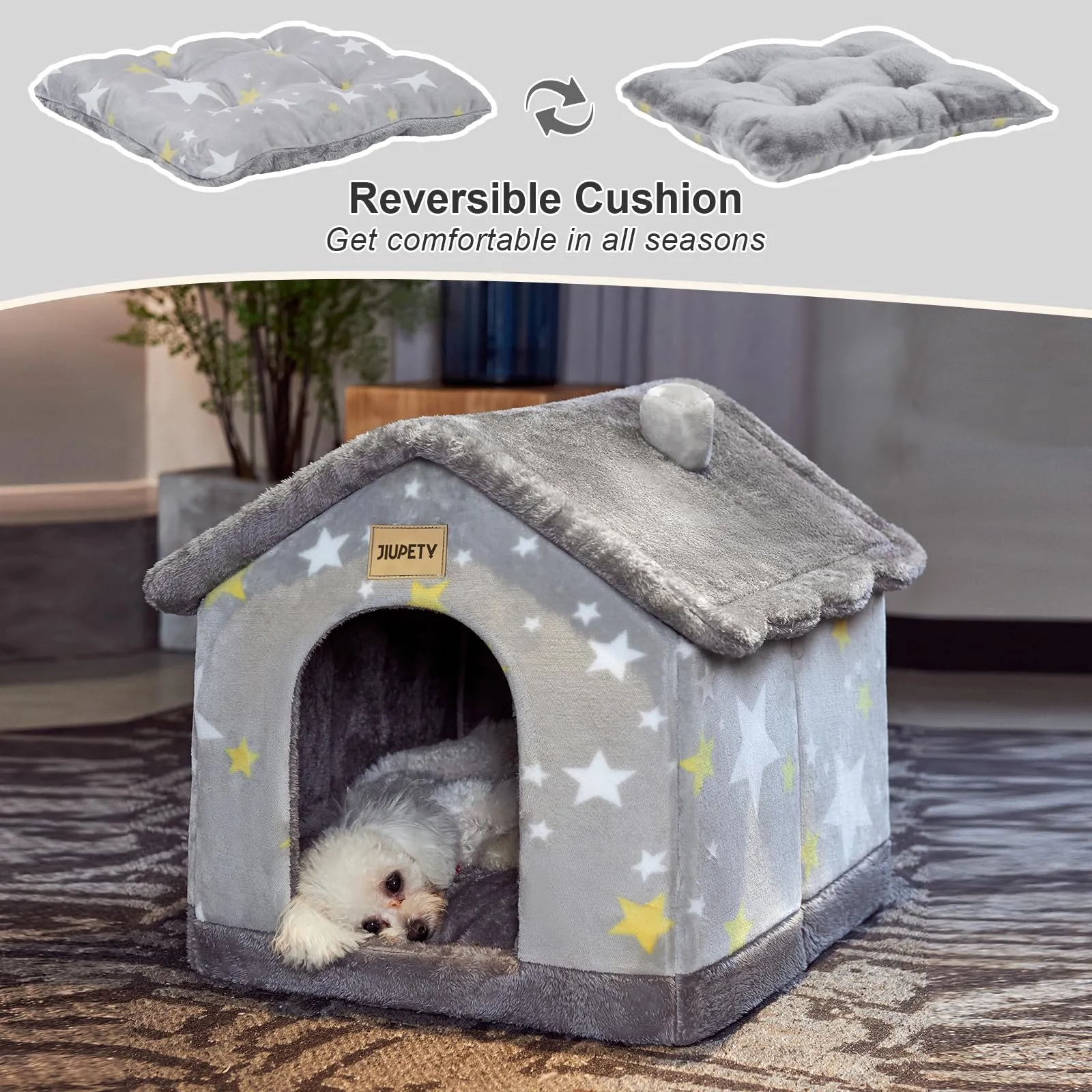 Jiupety Cuccia Cane Interno Chiusa Taglia Piccolo con Motivo a Stella, Cuccia Pelosa per Cani da Interno Taglia M 48 x 41 x 38 CM, Small Cat Dog House, Grey Star - immagine 4