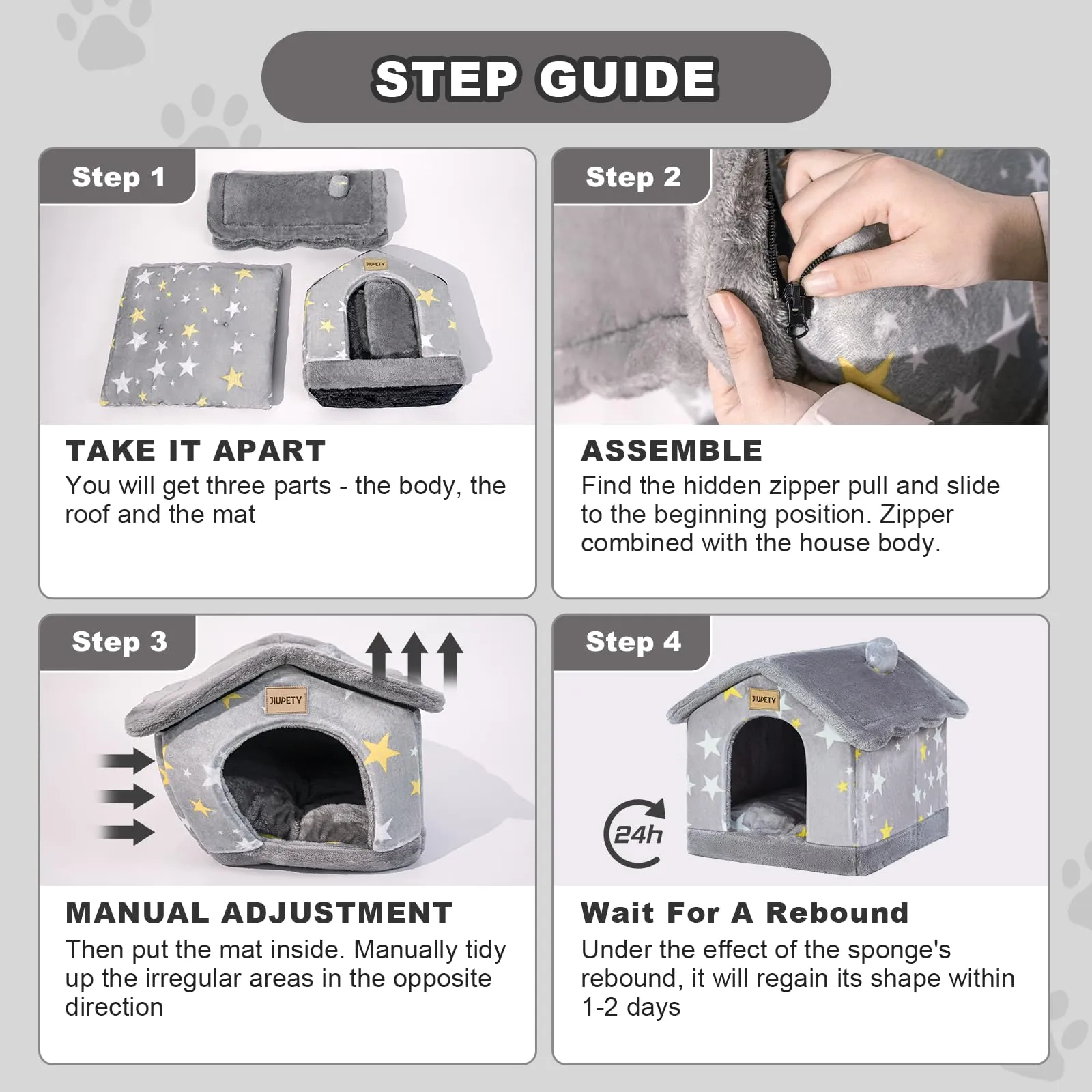 Jiupety Cuccia Cane Interno Chiusa Taglia Piccolo con Motivo a Stella, Cuccia Pelosa per Cani da Interno Taglia M 48 x 41 x 38 CM, Small Cat Dog House, Grey Star - immagine 5