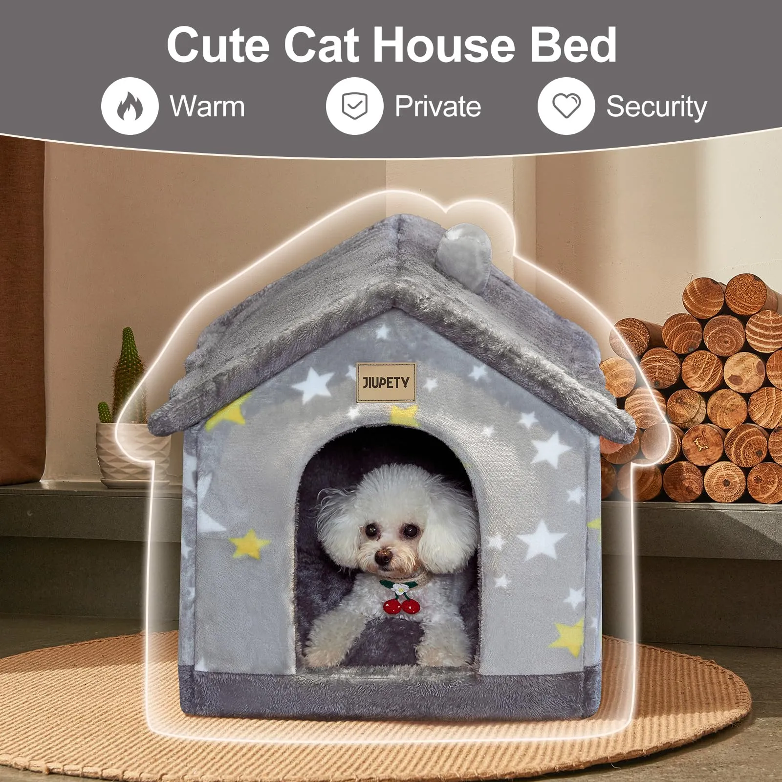Jiupety Cuccia Cane Interno Chiusa Taglia Piccolo con Motivo a Stella, Cuccia Pelosa per Cani da Interno Taglia M 48 x 41 x 38 CM, Small Cat Dog House, Grey Star - immagine 7