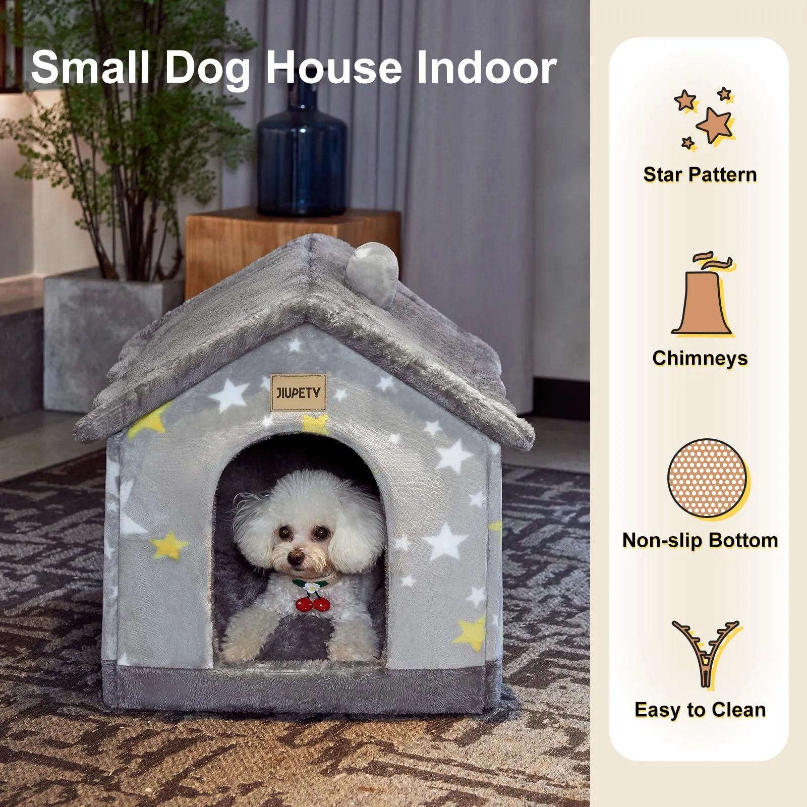 Jiupety Cuccia Cane Interno Chiusa Taglia Piccolo con Motivo a Stella, Cuccia Pelosa per Cani da Interno Taglia M 48 x 41 x 38 CM, Small Cat Dog House, Grey Star - immagine 8