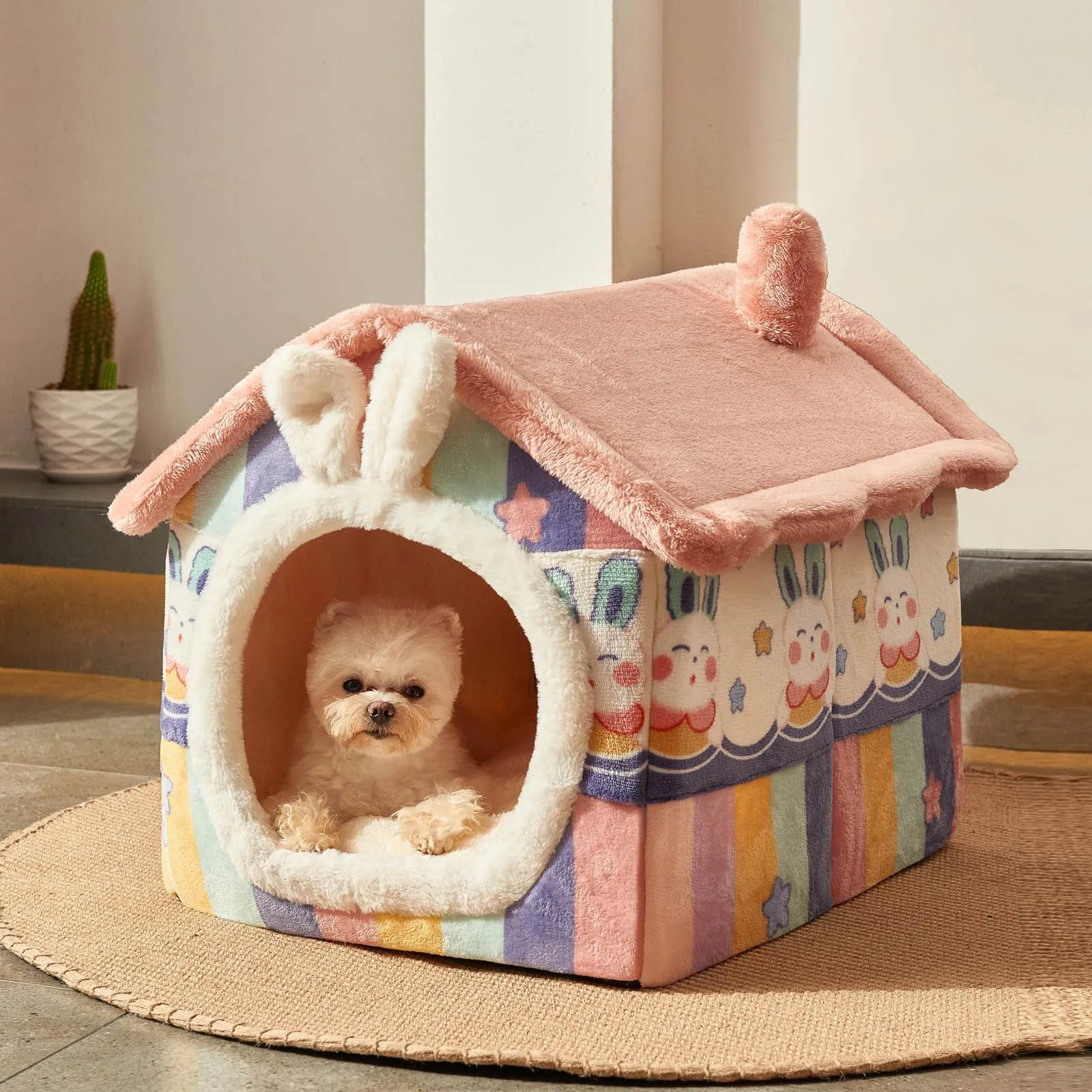 Jiupety Cuccia Cane Interno Chiusa Taglia Piccolo con Motivo a Stella, Cuccia Pelosa per Cani da Interno Taglia M 48 x 41 x 38 CM, Small Cat Dog House, Rainbow Bunny - immagine 2