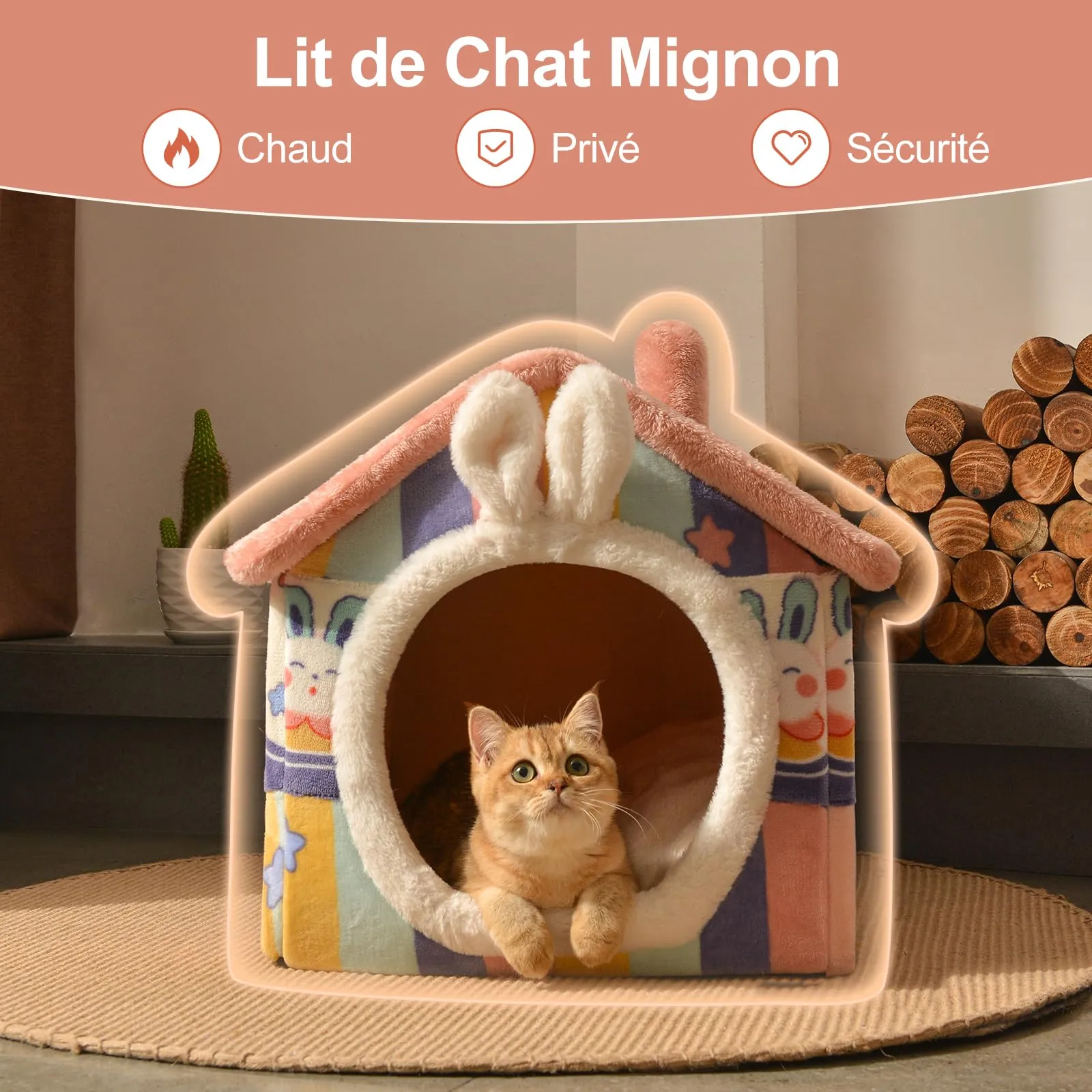 Jiupety Cuccia Cane Interno Chiusa Taglia Piccolo con Motivo a Stella, Cuccia Pelosa per Cani da Interno Taglia M 48 x 41 x 38 CM, Small Cat Dog House, Rainbow Bunny - immagine 3