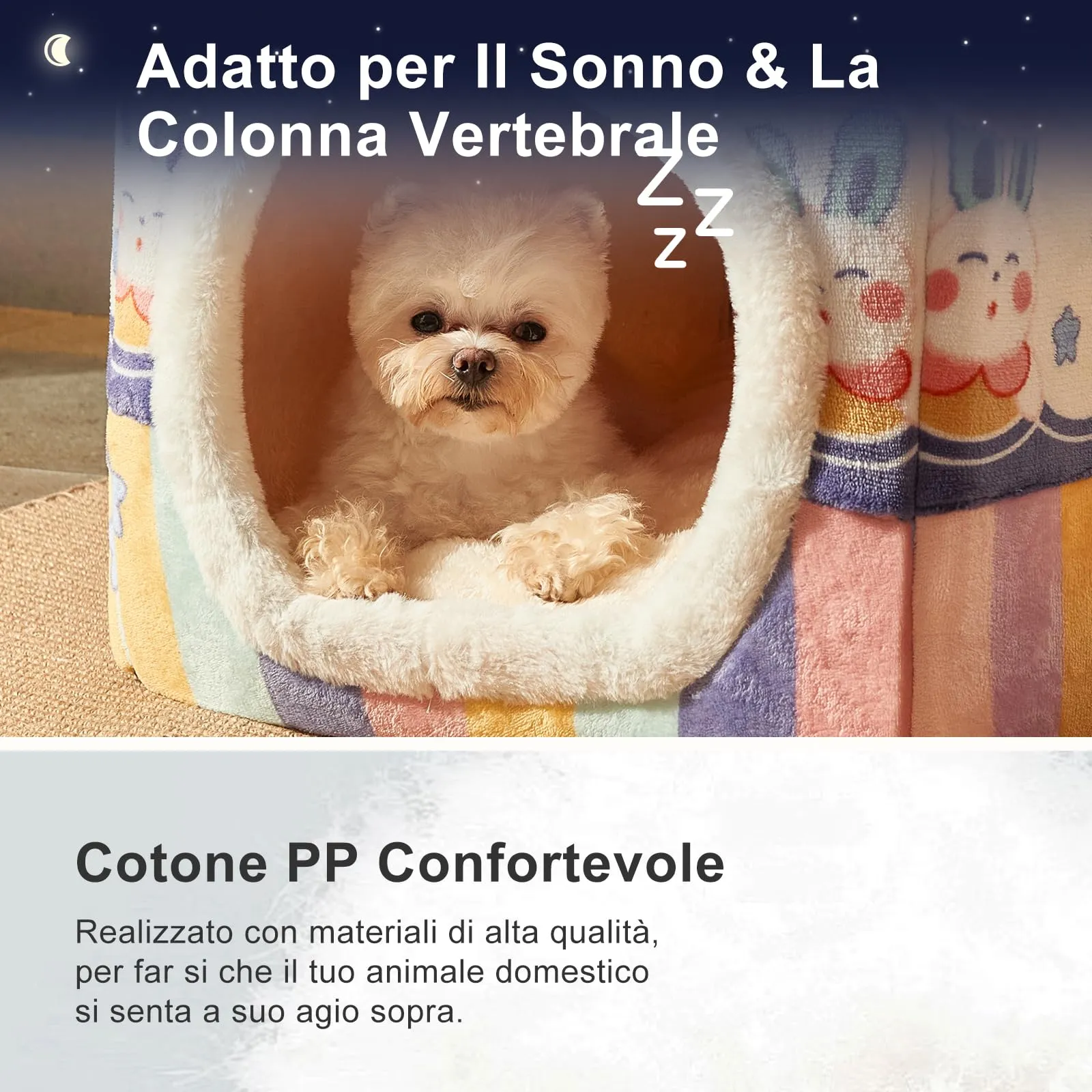 Jiupety Cuccia Cane Interno Chiusa Taglia Piccolo con Motivo a Stella, Cuccia Pelosa per Cani da Interno Taglia M 48 x 41 x 38 CM, Small Cat Dog House, Rainbow Bunny - immagine 4