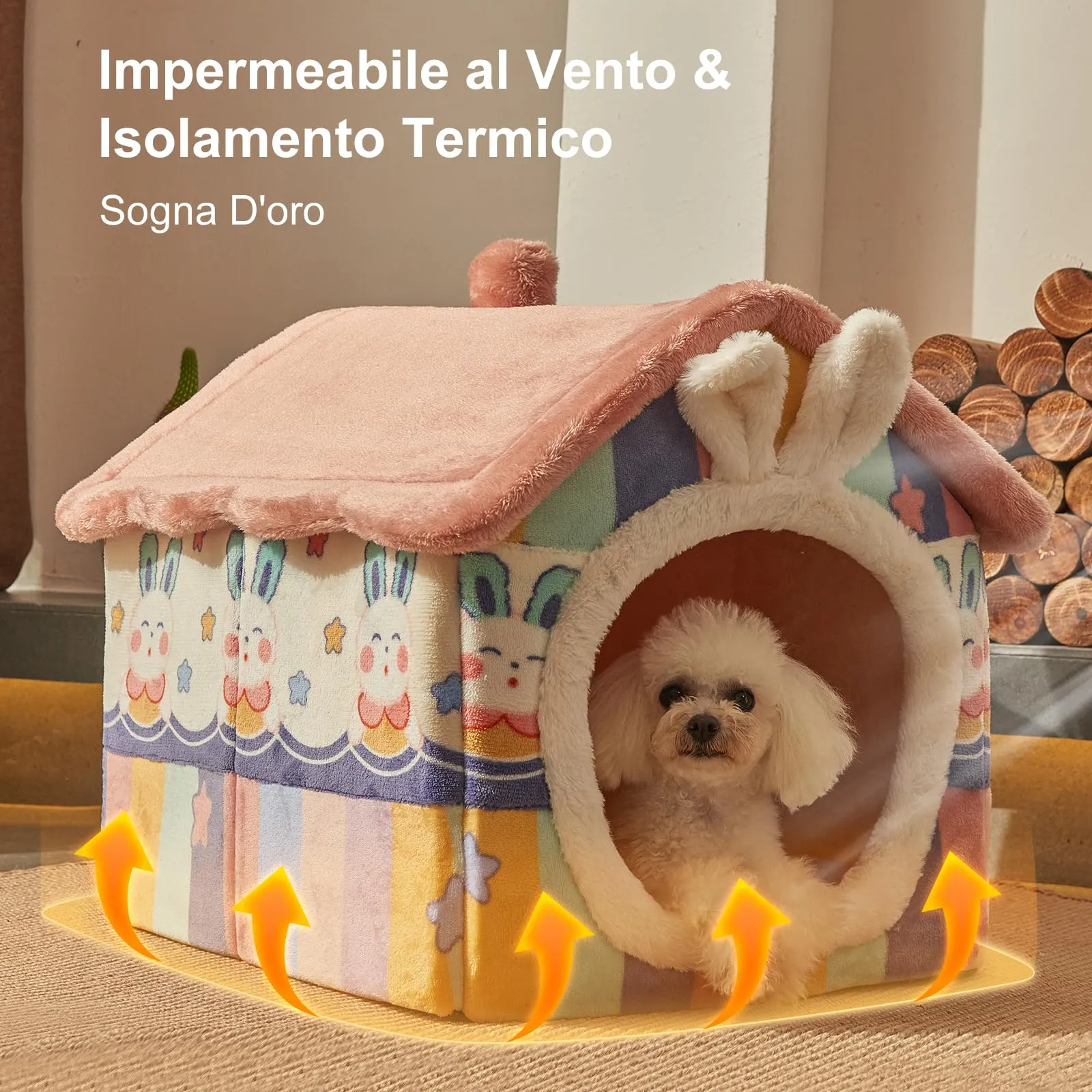 Jiupety Cuccia Cane Interno Chiusa Taglia Piccolo con Motivo a Stella, Cuccia Pelosa per Cani da Interno Taglia M 48 x 41 x 38 CM, Small Cat Dog House, Rainbow Bunny - immagine 5