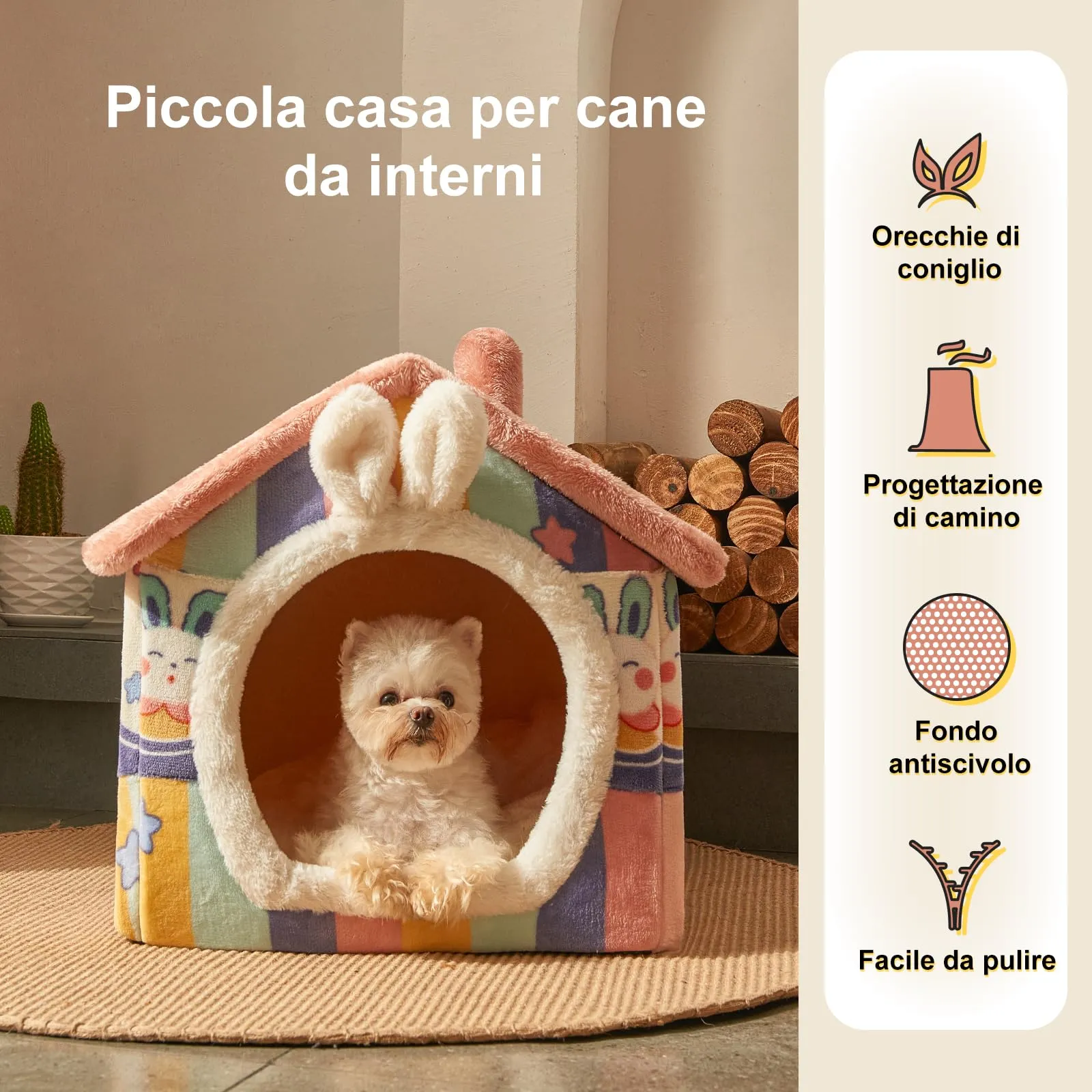 Jiupety Cuccia Cane Interno Chiusa Taglia Piccolo con Motivo a Stella, Cuccia Pelosa per Cani da Interno Taglia M 48 x 41 x 38 CM, Small Cat Dog House, Rainbow Bunny - immagine 6