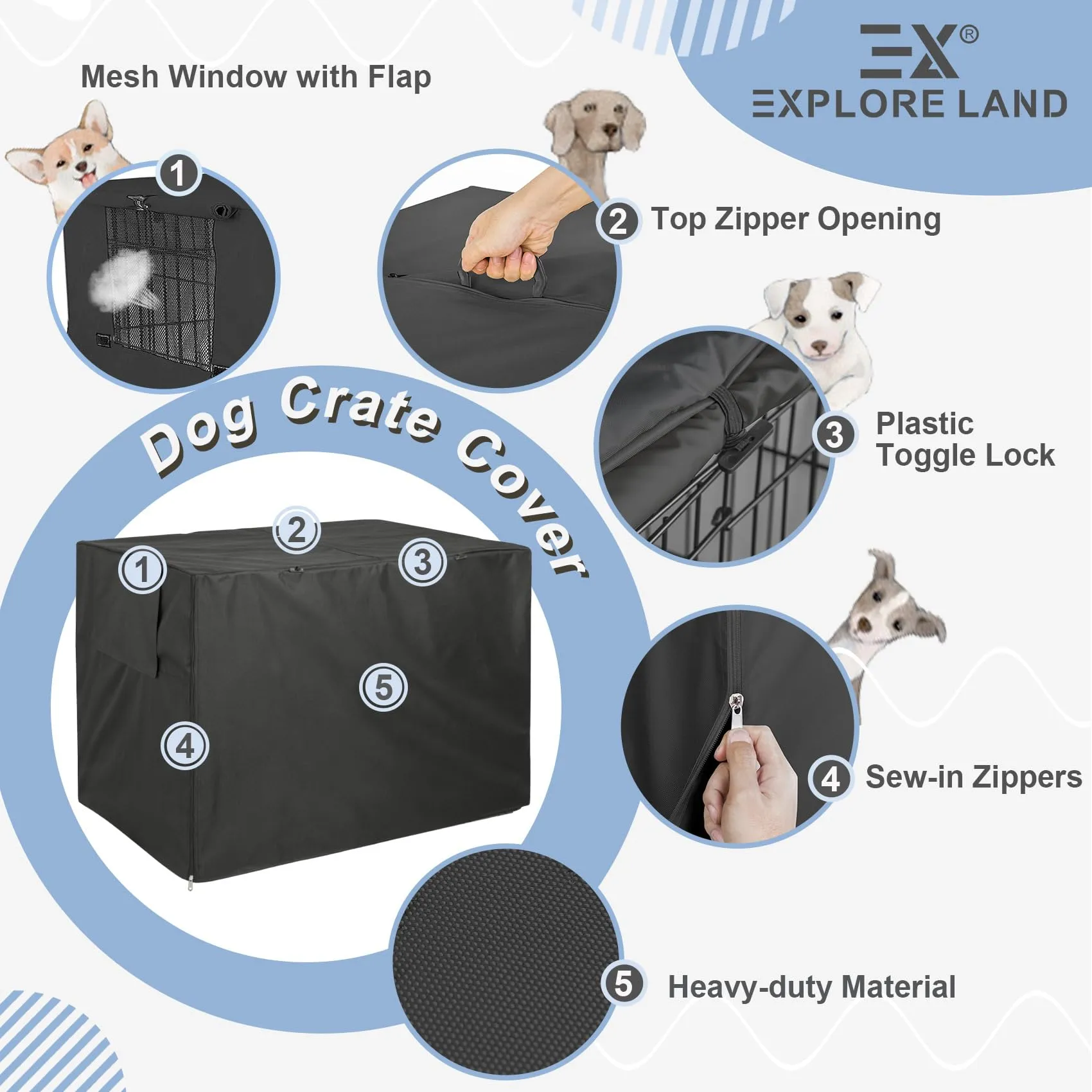Explore Land Copertura per gabbia per cani da 96,5 cm, in poliestere resistente, universale, adatta per gabbie per cani in filo metallico (nero) - immagine 5