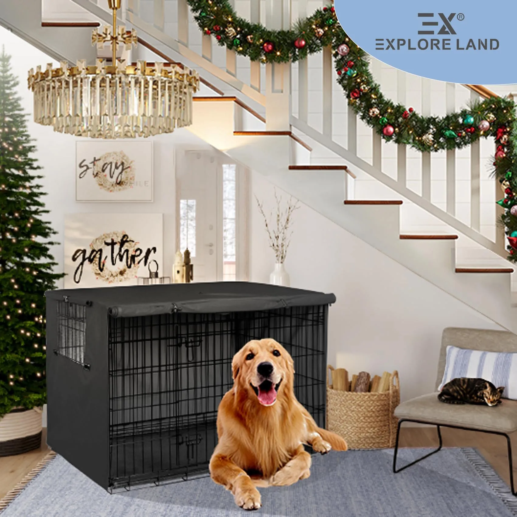 Explore Land Copertura per gabbia per cani da 96,5 cm, in poliestere resistente, universale, adatta per gabbie per cani in filo metallico (nero) - immagine 6