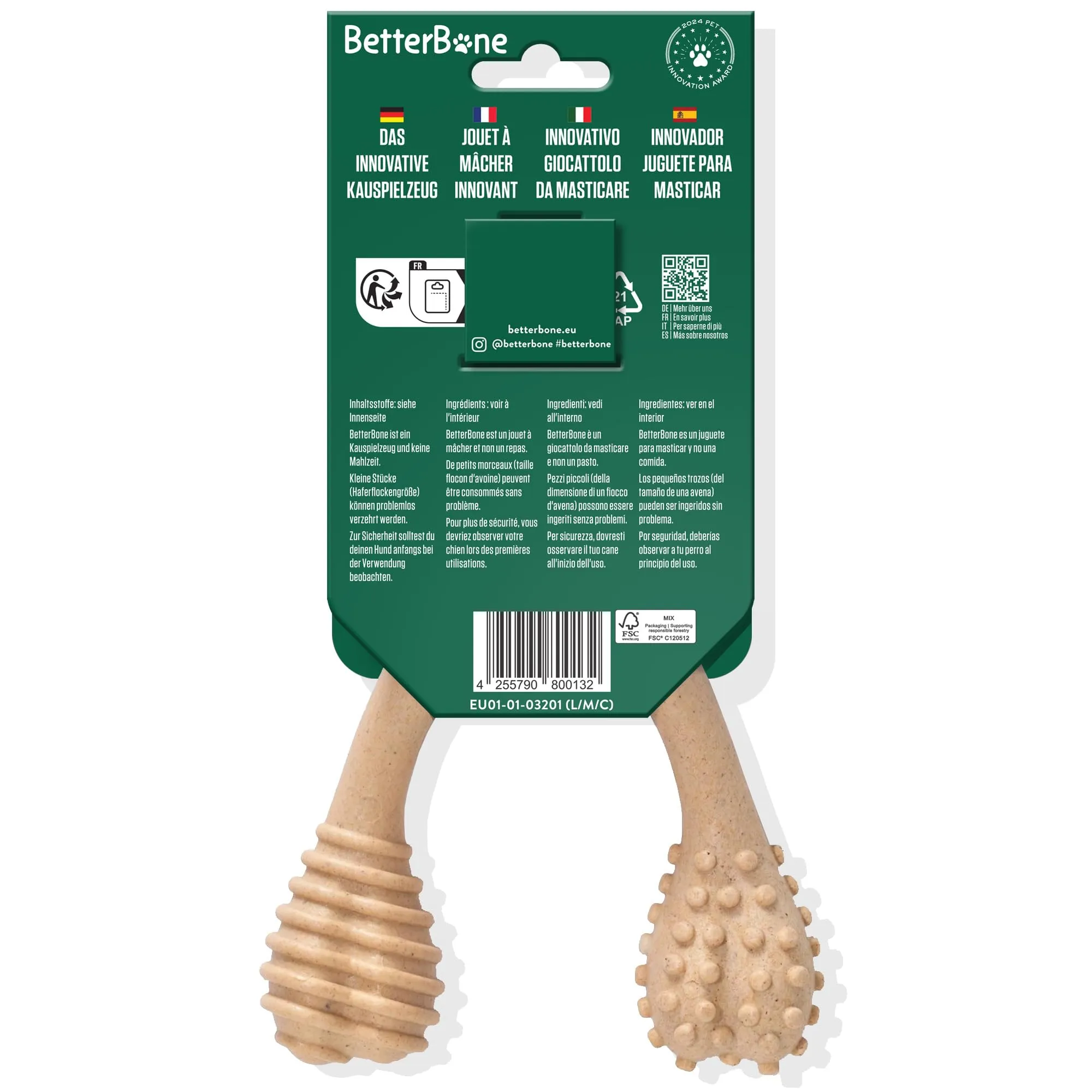 BetterBone - Giocattolo per cani da masticare - Large Medium Classic - Veggie - Senza nylon e OGM a base di cellulosa - Giocattolo da masticare con gusto neutro medio - Senza schegge e ipoallergenico - immagine 8
