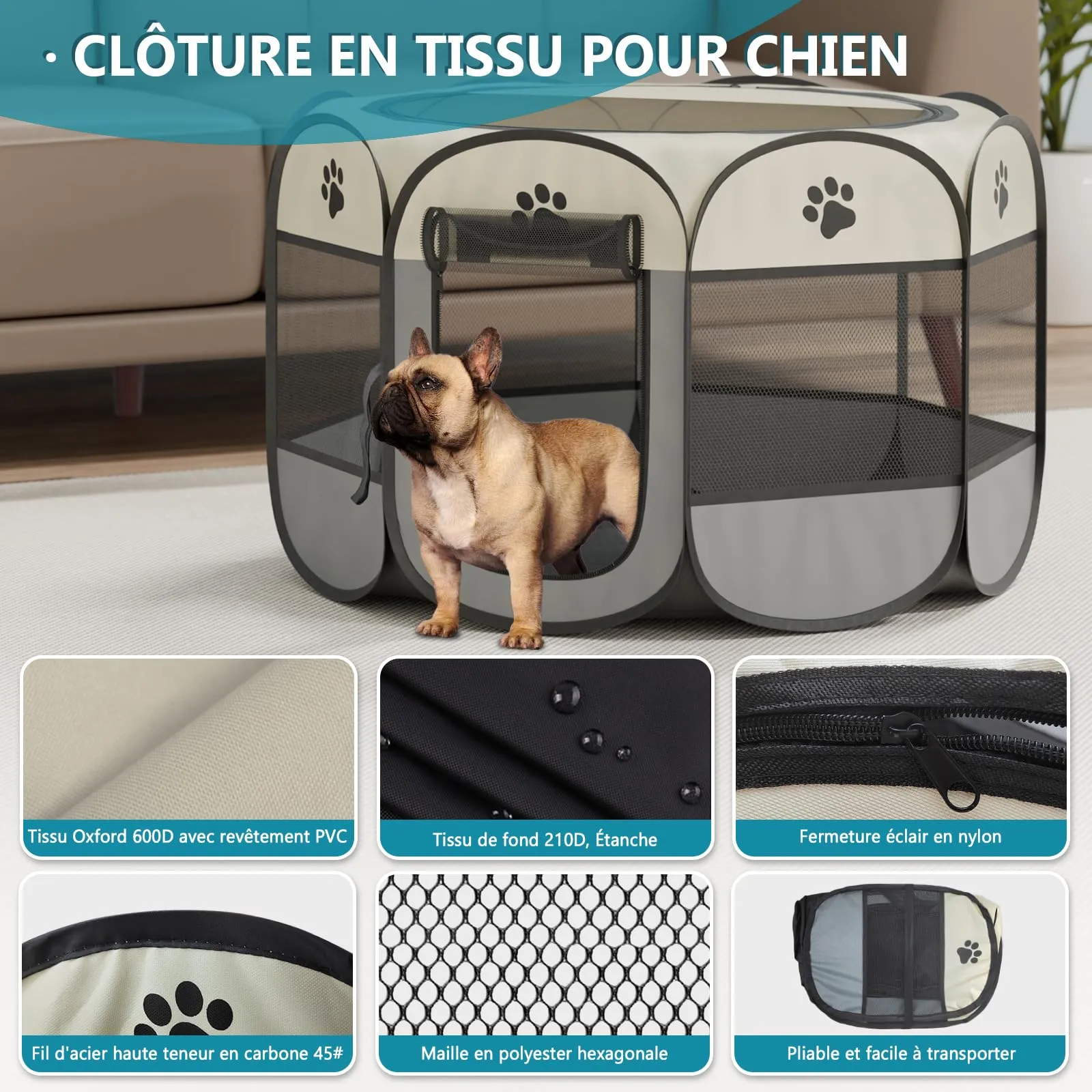 Qianruida Recinto Pieghevole per Cani 90x90x58cm, Tessuto Oxford Impermeabile, Adatto a Gatti, Cani e Conigli, Facile da Usare e Installare, Montaggio Semplice, Pieghevole - immagine 2