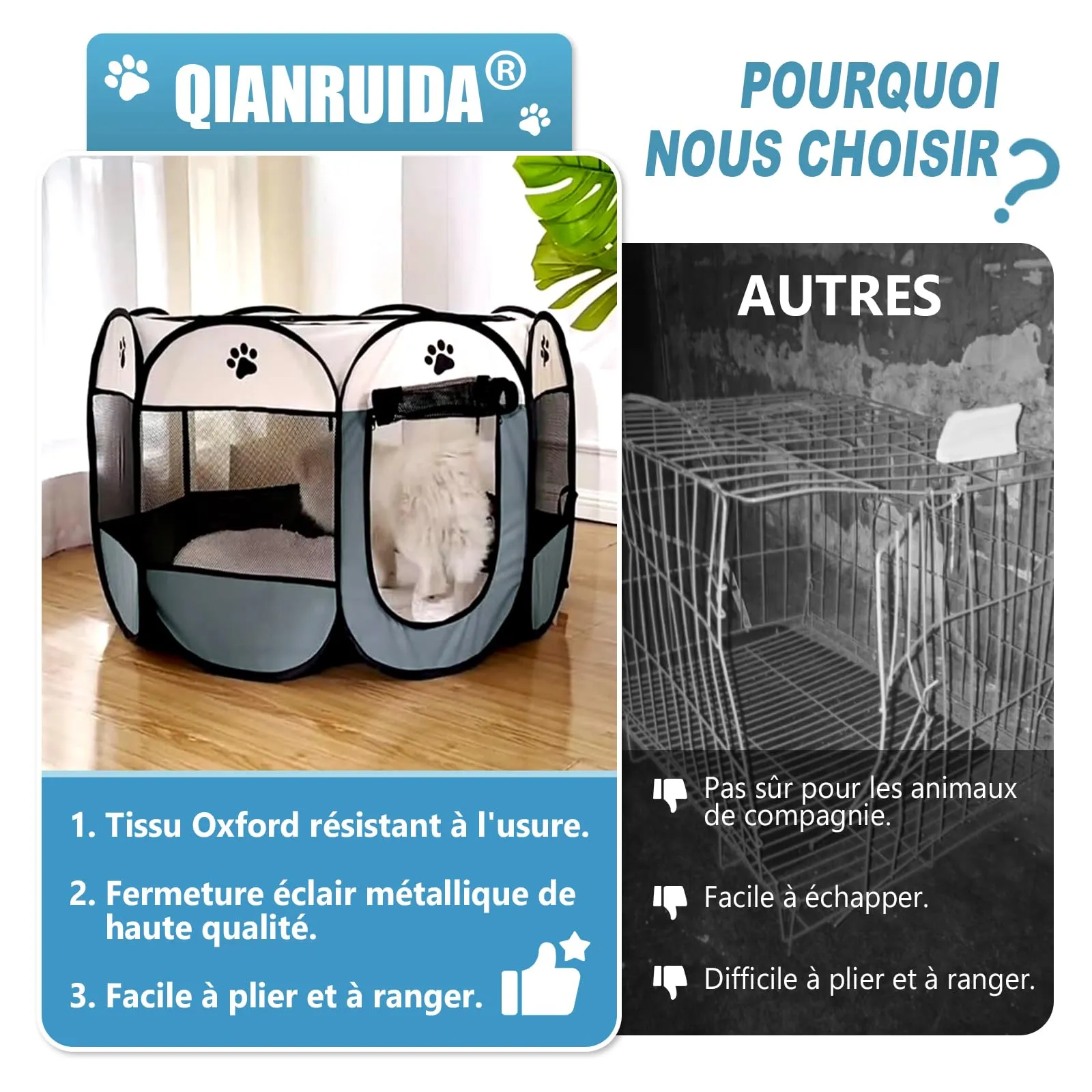 Qianruida Recinto Pieghevole per Cani 90x90x58cm, Tessuto Oxford Impermeabile, Adatto a Gatti, Cani e Conigli, Facile da Usare e Installare, Montaggio Semplice, Pieghevole - immagine 5