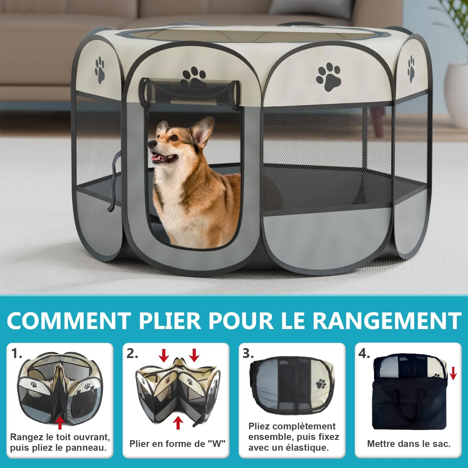 Qianruida Recinto Pieghevole per Cani 90x90x58cm, Tessuto Oxford Impermeabile, Adatto a Gatti, Cani e Conigli, Facile da Usare e Installare, Montaggio Semplice, Pieghevole - immagine 6