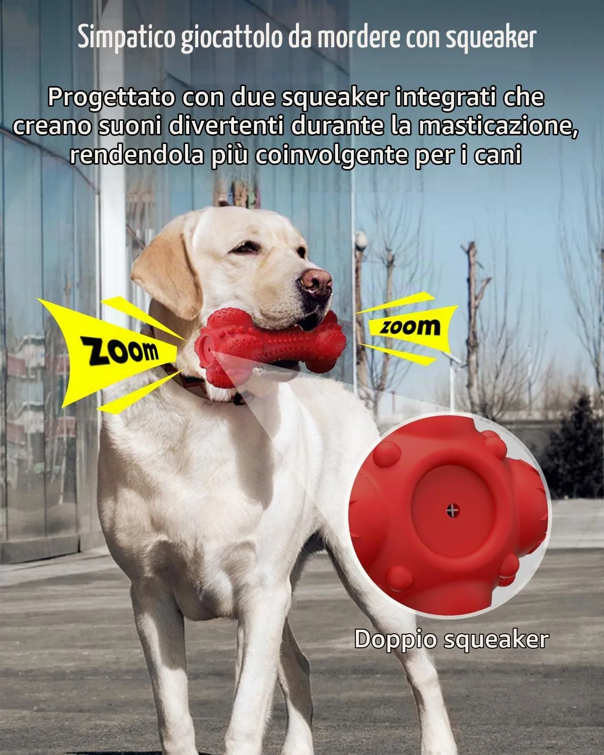 SCHITEC Giocattolo di cane cigolante per masticatori aggressivi per razza grande, osso di gomma resistente e interattivo per dentizione per cani grandi e medi - immagine 2
