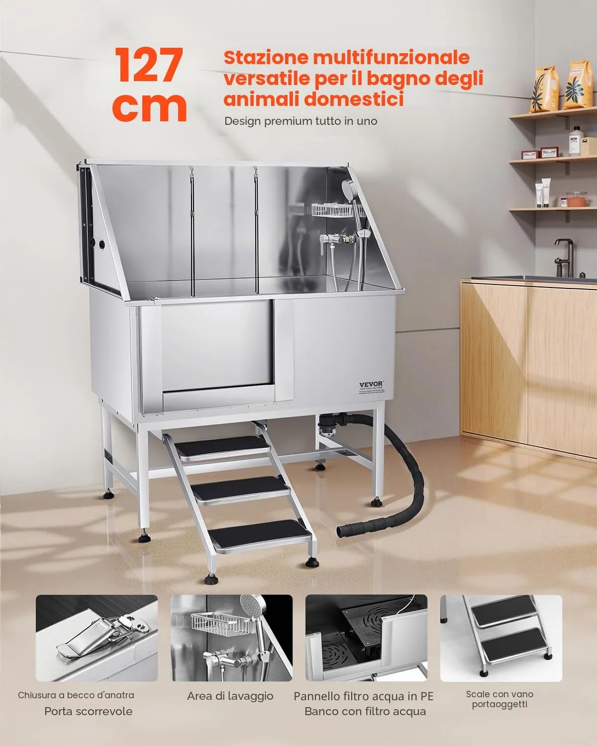 VEVOR Stazione di Lavaggio per Cani in Acciaio Inox, Vasca per Toelettatura per Animali Domestici di Grandi, Medie e Piccole Dimensioni da 127 cm con Scale, Pannello Filtro per Acqua, Porta Sinistra - immagine 2