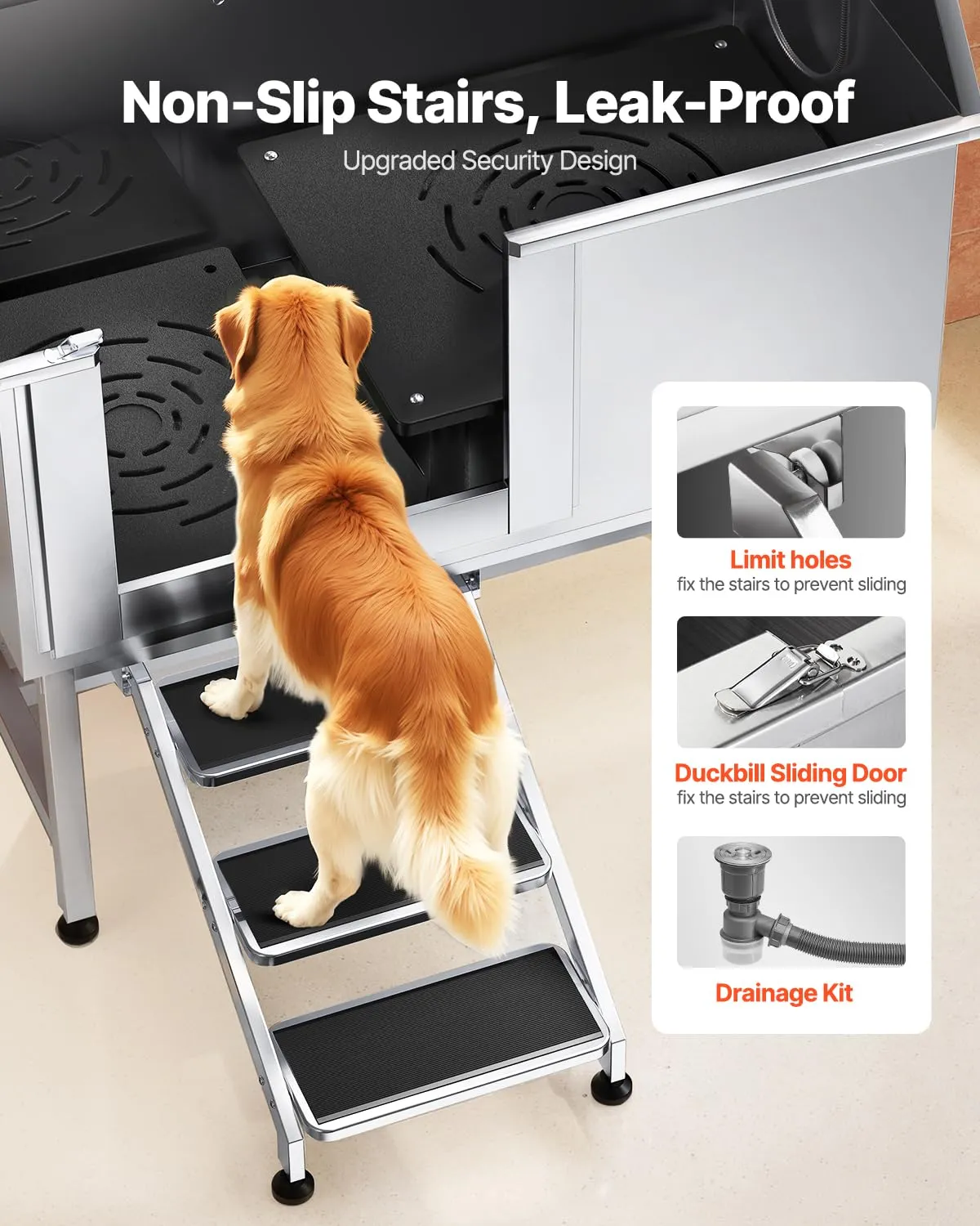 VEVOR Stazione di Lavaggio per Cani in Acciaio Inox, Vasca per Toelettatura per Animali Domestici di Grandi, Medie e Piccole Dimensioni da 127 cm con Scale, Pannello Filtro per Acqua, Porta Sinistra - immagine 3