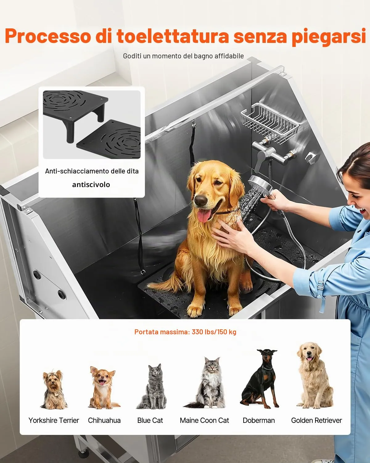VEVOR Stazione di Lavaggio per Cani in Acciaio Inox, Vasca per Toelettatura per Animali Domestici di Grandi, Medie e Piccole Dimensioni da 127 cm con Scale, Pannello Filtro per Acqua, Porta Sinistra - immagine 4
