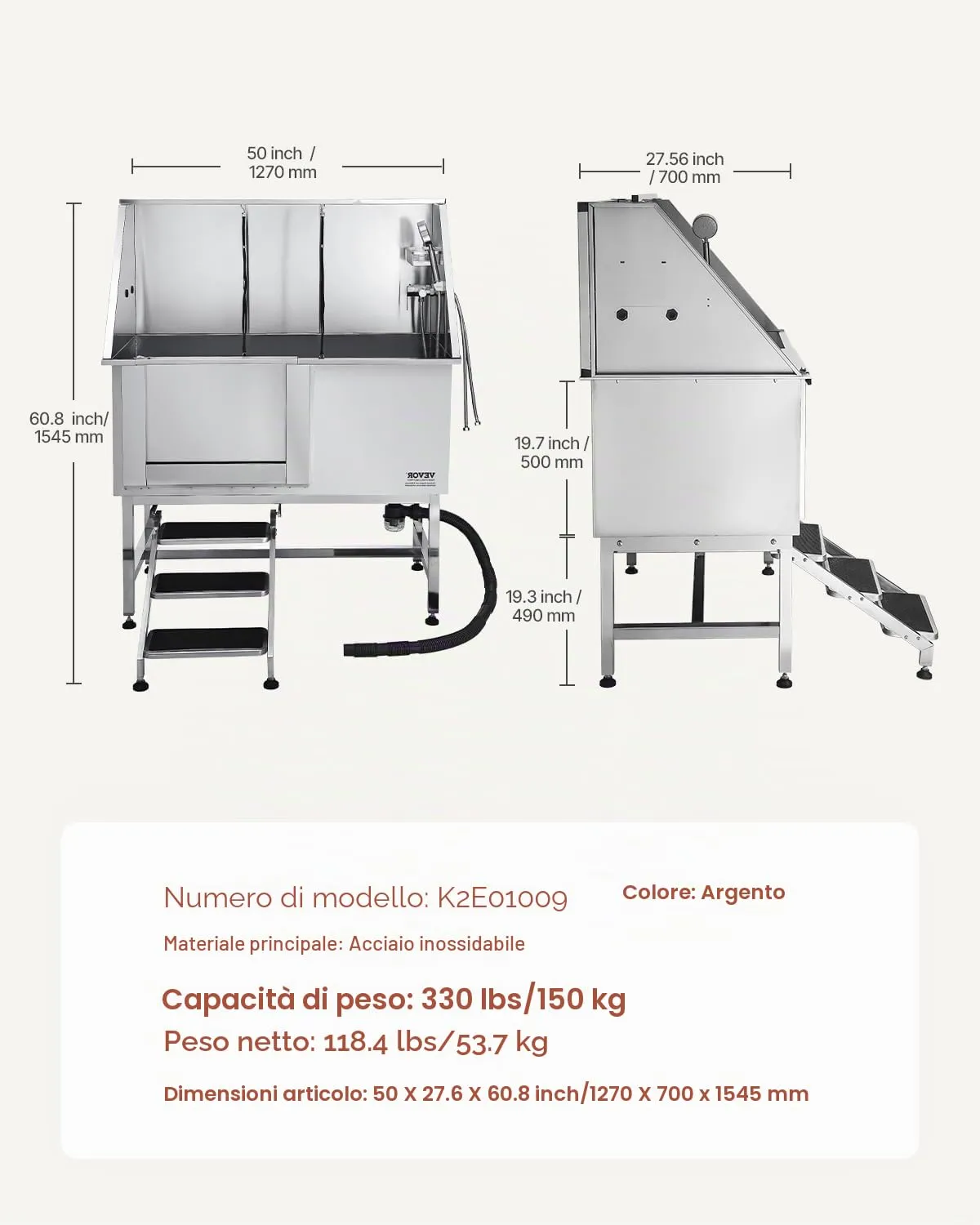 VEVOR Stazione di Lavaggio per Cani in Acciaio Inox, Vasca per Toelettatura per Animali Domestici di Grandi, Medie e Piccole Dimensioni da 127 cm con Scale, Pannello Filtro per Acqua, Porta Sinistra - immagine 7