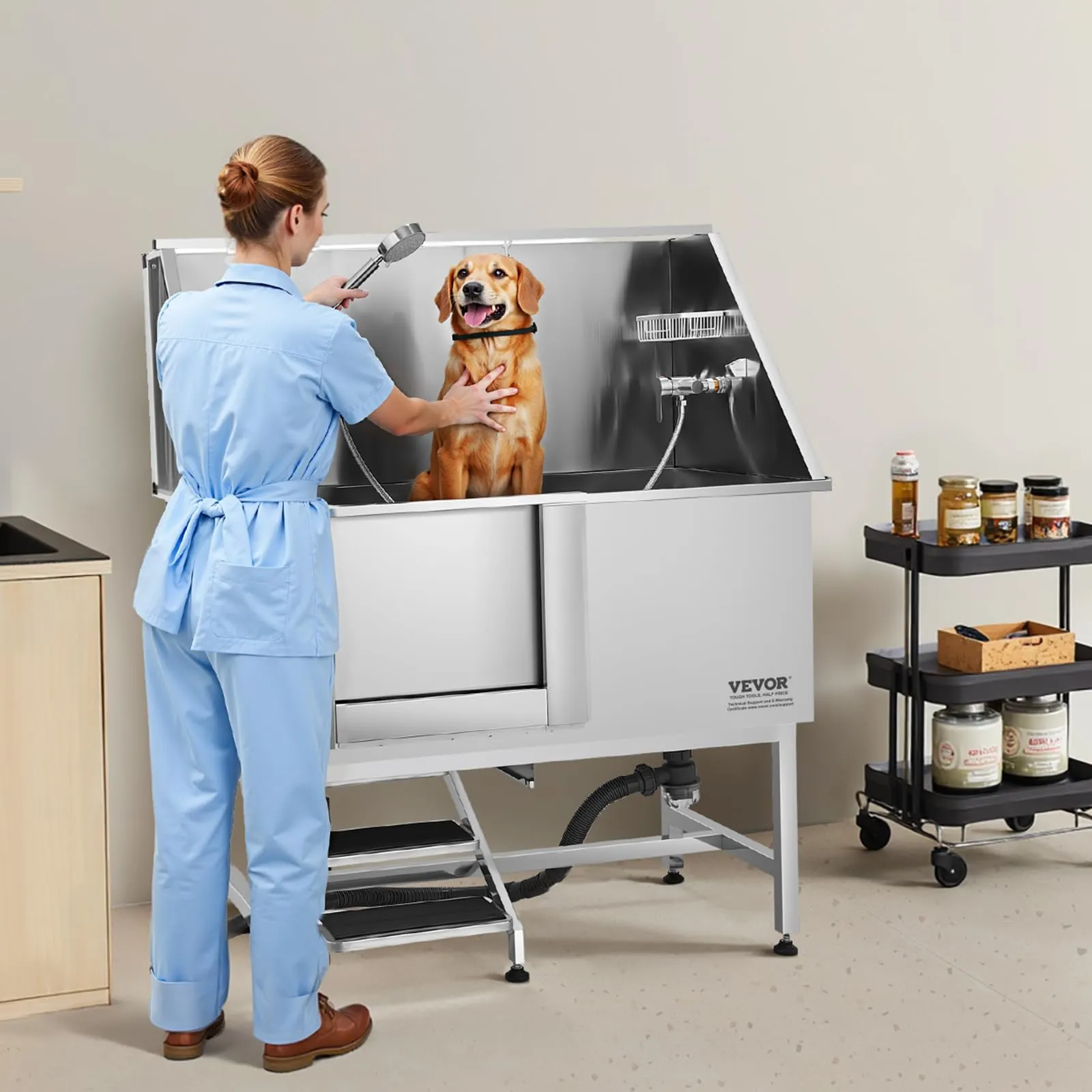 VEVOR Stazione di Lavaggio per Cani in Acciaio Inox, Vasca per Toelettatura per Animali Domestici di Grandi, Medie e Piccole Dimensioni da 127 cm con Scale, Pannello Filtro per Acqua, Porta Sinistra - immagine 8