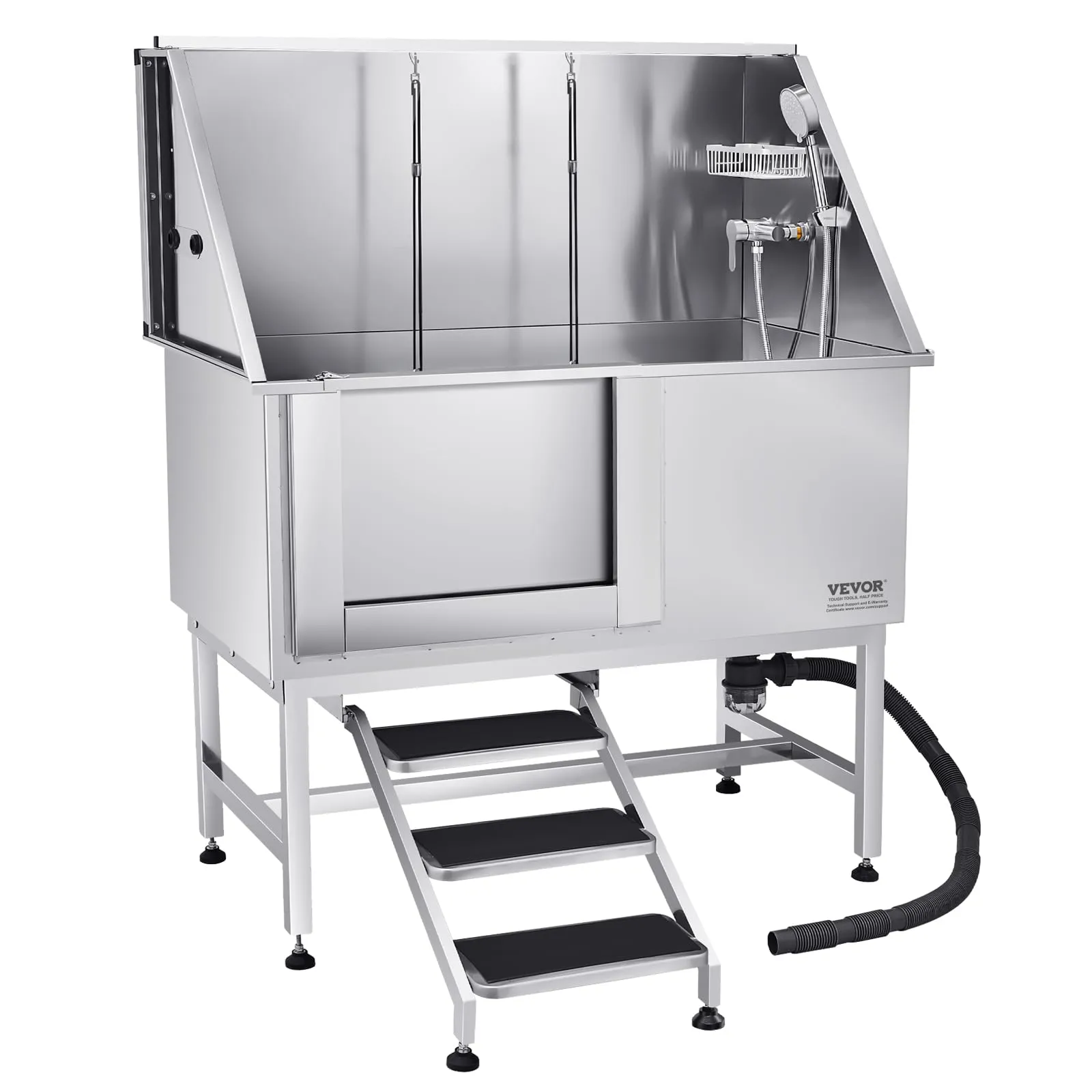 VEVOR Stazione di Lavaggio per Cani in Acciaio Inox, Vasca per Toelettatura per Animali Domestici di Grandi, Medie e Piccole Dimensioni da 127 cm con Scale, Pannello Filtro per Acqua, Porta Sinistra - immagine 10