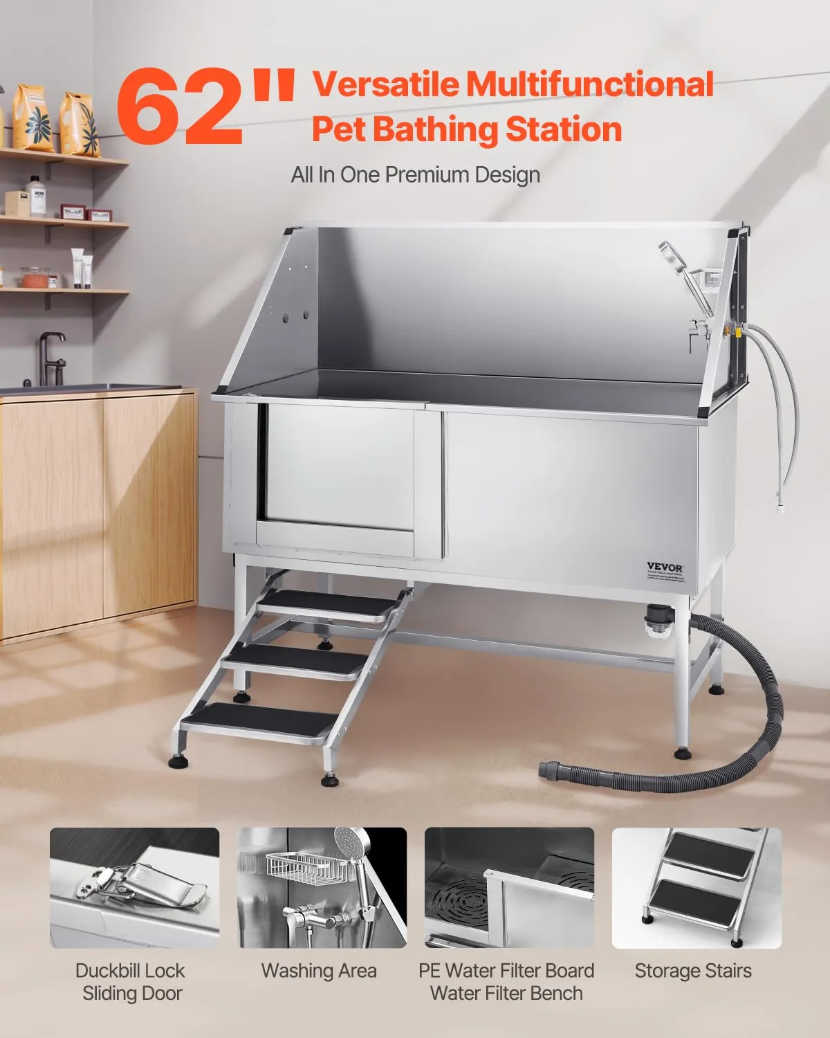 VEVOR Stazione di Lavaggio per Cani in Acciaio Inox, Vasca per Toelettatura per Animali Domestici di Grandi, Medie e Piccole Dimensioni 157,48 cm con Scale, Pannello Filtro per Acqua, Porta Sinistra - immagine 2