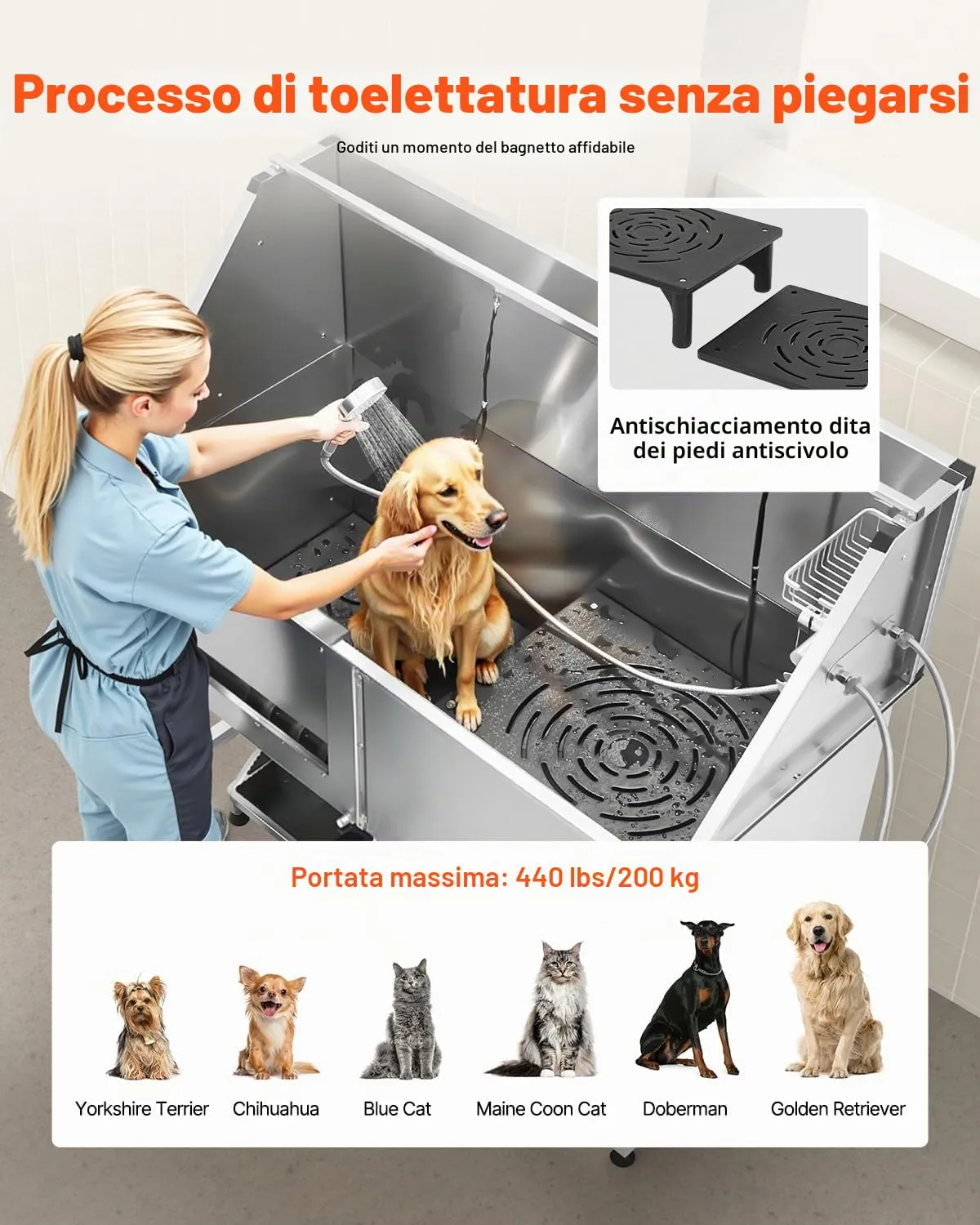 VEVOR Stazione di Lavaggio per Cani in Acciaio Inox, Vasca per Toelettatura per Animali Domestici di Grandi, Medie e Piccole Dimensioni 157,48 cm con Scale, Pannello Filtro per Acqua, Porta Sinistra - immagine 4