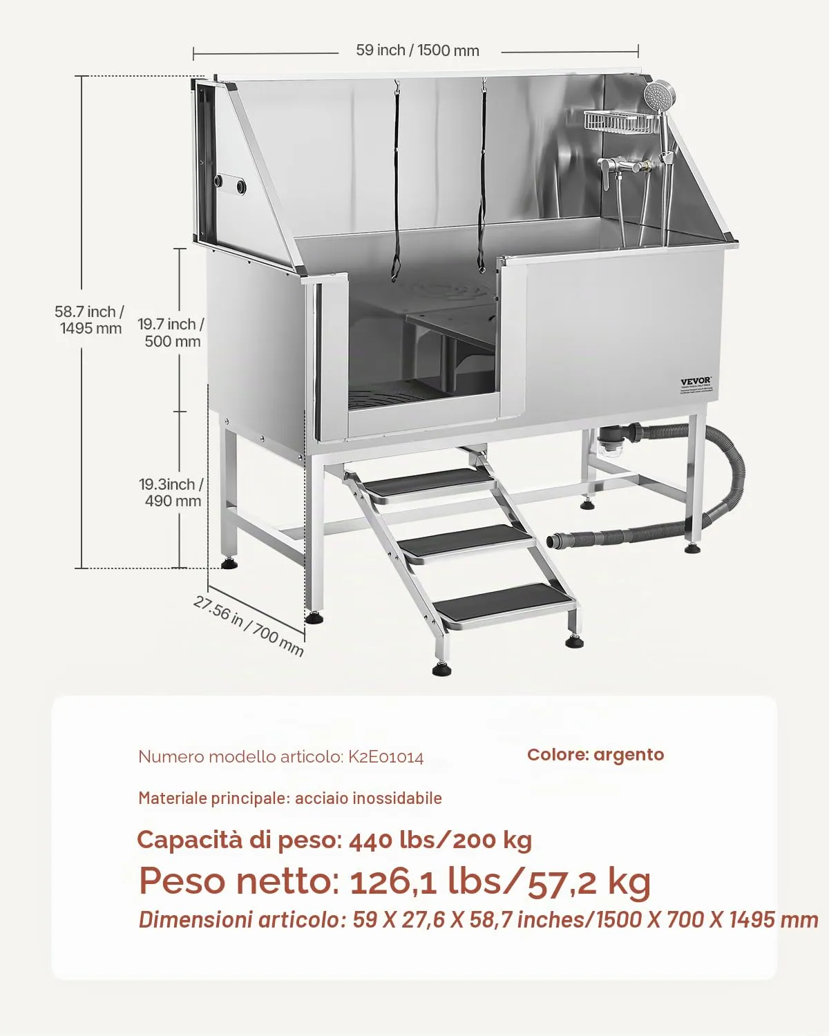 VEVOR Stazione di Lavaggio per Cani in Acciaio Inox, Vasca per Toelettatura per Animali Domestici di Grandi, Medie e Piccole Dimensioni 157,48 cm con Scale, Pannello Filtro per Acqua, Porta Sinistra - immagine 7
