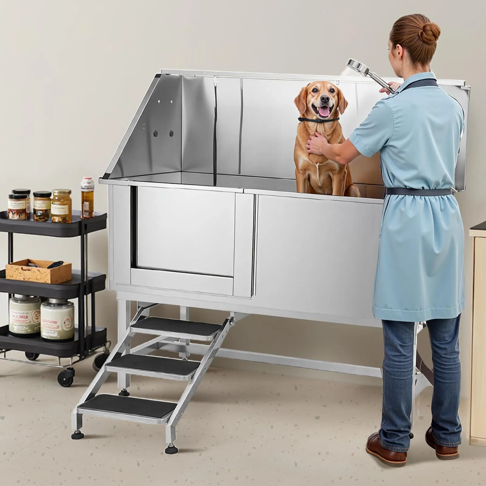 VEVOR Stazione di Lavaggio per Cani in Acciaio Inox, Vasca per Toelettatura per Animali Domestici di Grandi, Medie e Piccole Dimensioni 157,48 cm con Scale, Pannello Filtro per Acqua, Porta Sinistra - immagine 8