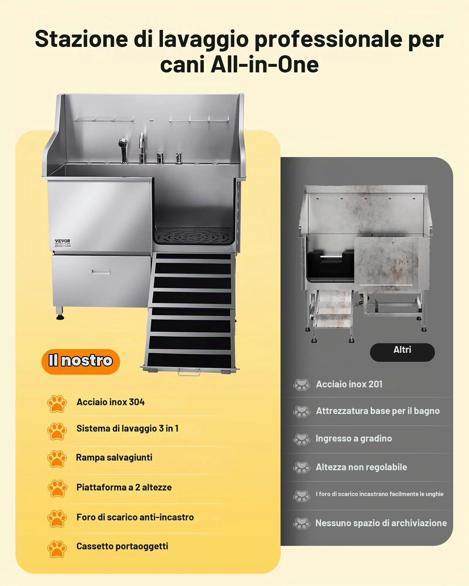 VEVOR Stazione di Lavaggio per Cani in Acciaio Inox, Vasca per Toelettatura per Animali Domestici di Grandi, Medie e Piccole Dimensioni da 127 cm con Rampa, Rubinetto e Soffione Doccia, Porta Destra - immagine 2
