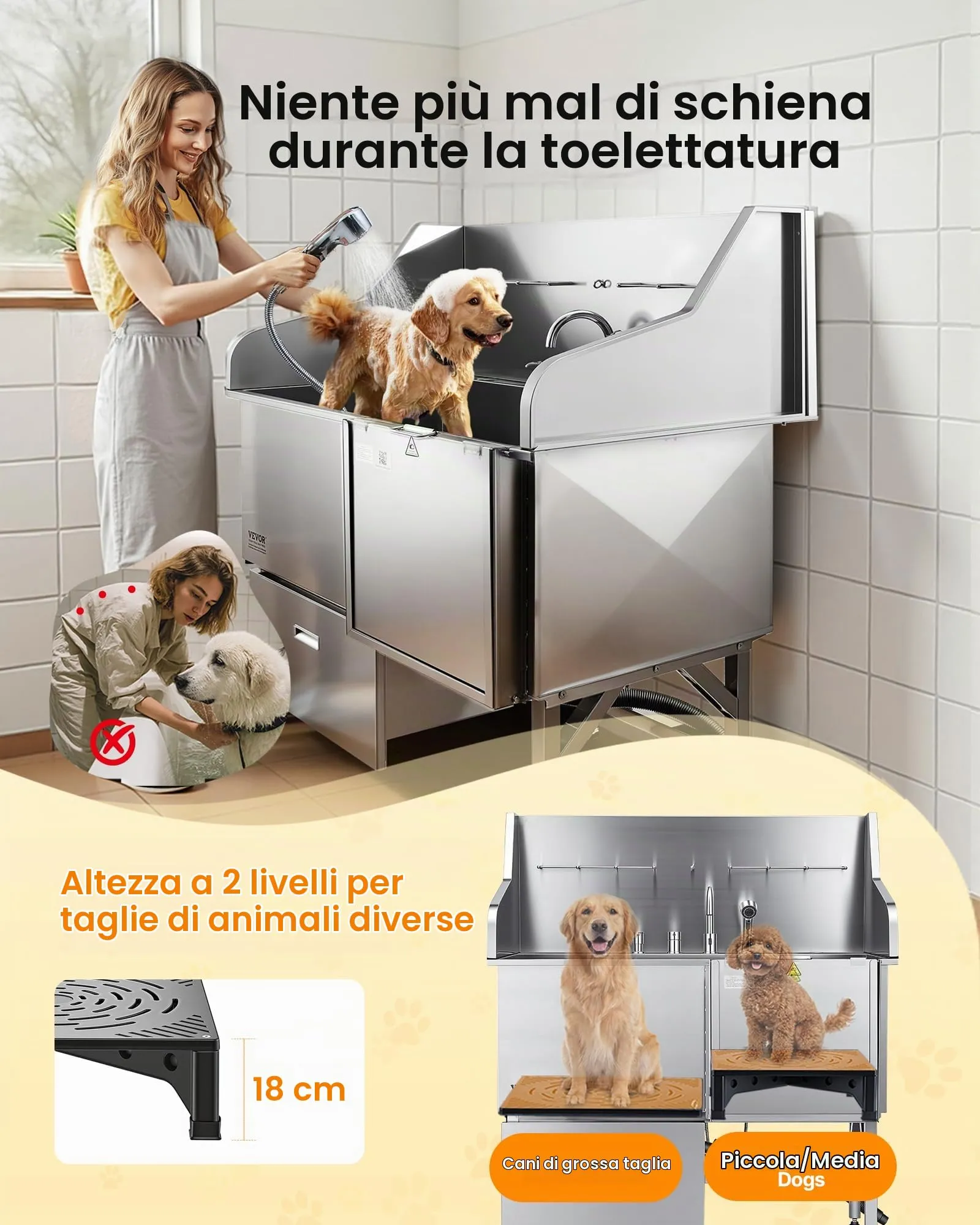 VEVOR Stazione di Lavaggio per Cani in Acciaio Inox, Vasca per Toelettatura per Animali Domestici di Grandi, Medie e Piccole Dimensioni da 127 cm con Rampa, Rubinetto e Soffione Doccia, Porta Destra - immagine 3