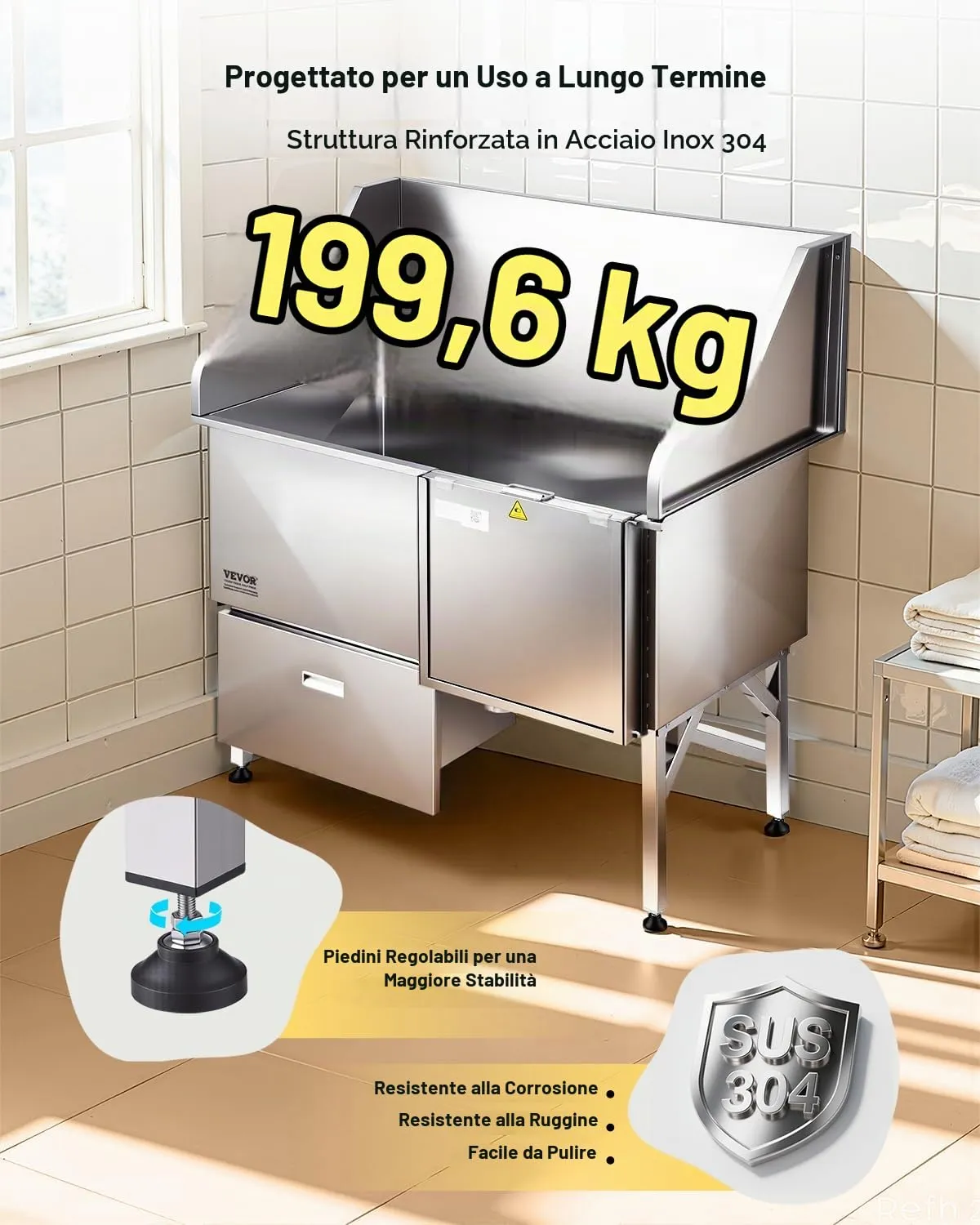 VEVOR Stazione di Lavaggio per Cani in Acciaio Inox, Vasca per Toelettatura per Animali Domestici di Grandi, Medie e Piccole Dimensioni da 127 cm con Rampa, Rubinetto e Soffione Doccia, Porta Destra - immagine 6
