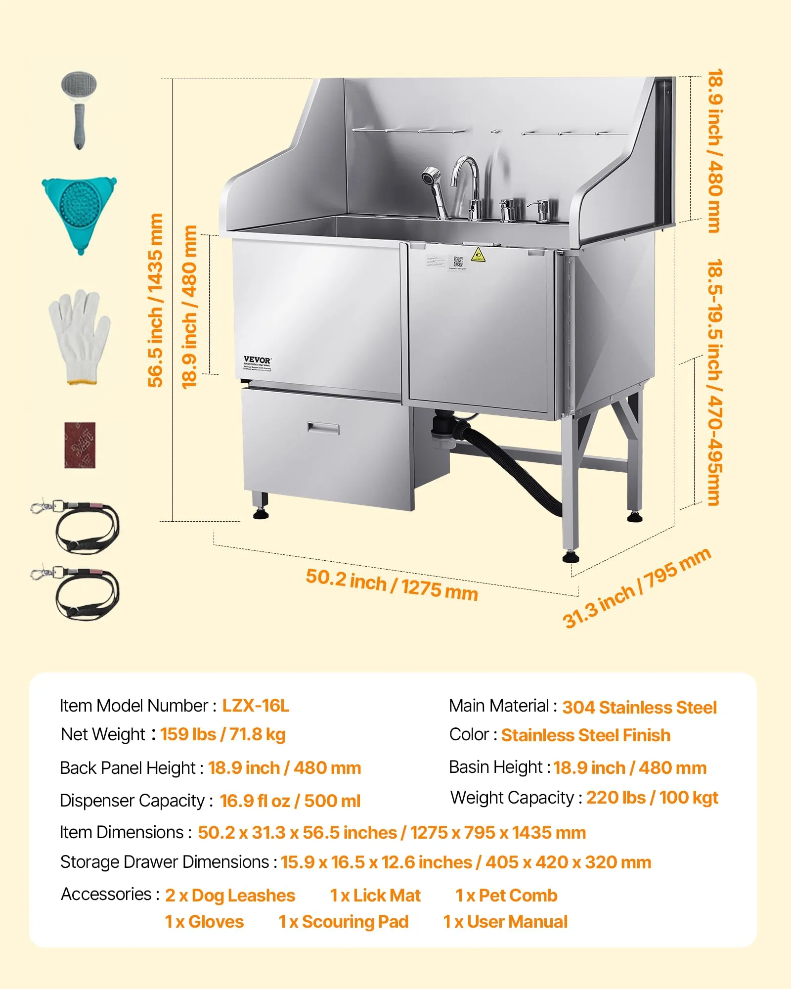 VEVOR Stazione di Lavaggio per Cani in Acciaio Inox, Vasca per Toelettatura per Animali Domestici di Grandi, Medie e Piccole Dimensioni da 127 cm con Rampa, Rubinetto e Soffione Doccia, Porta Destra - immagine 7