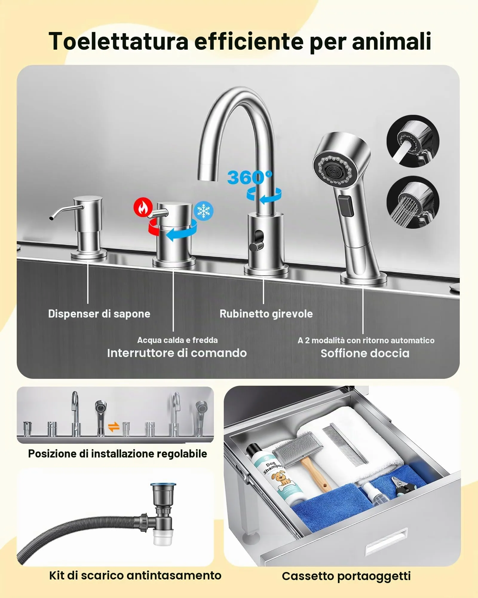 VEVOR Stazione di Lavaggio per Cani in Acciaio Inox, Vasca per Toelettatura per Animali Domestici di Grandi, Medie e Piccole Dimensioni da 127 cm con Rampa, Rubinetto e Soffione Doccia, Porta Destra - immagine 8