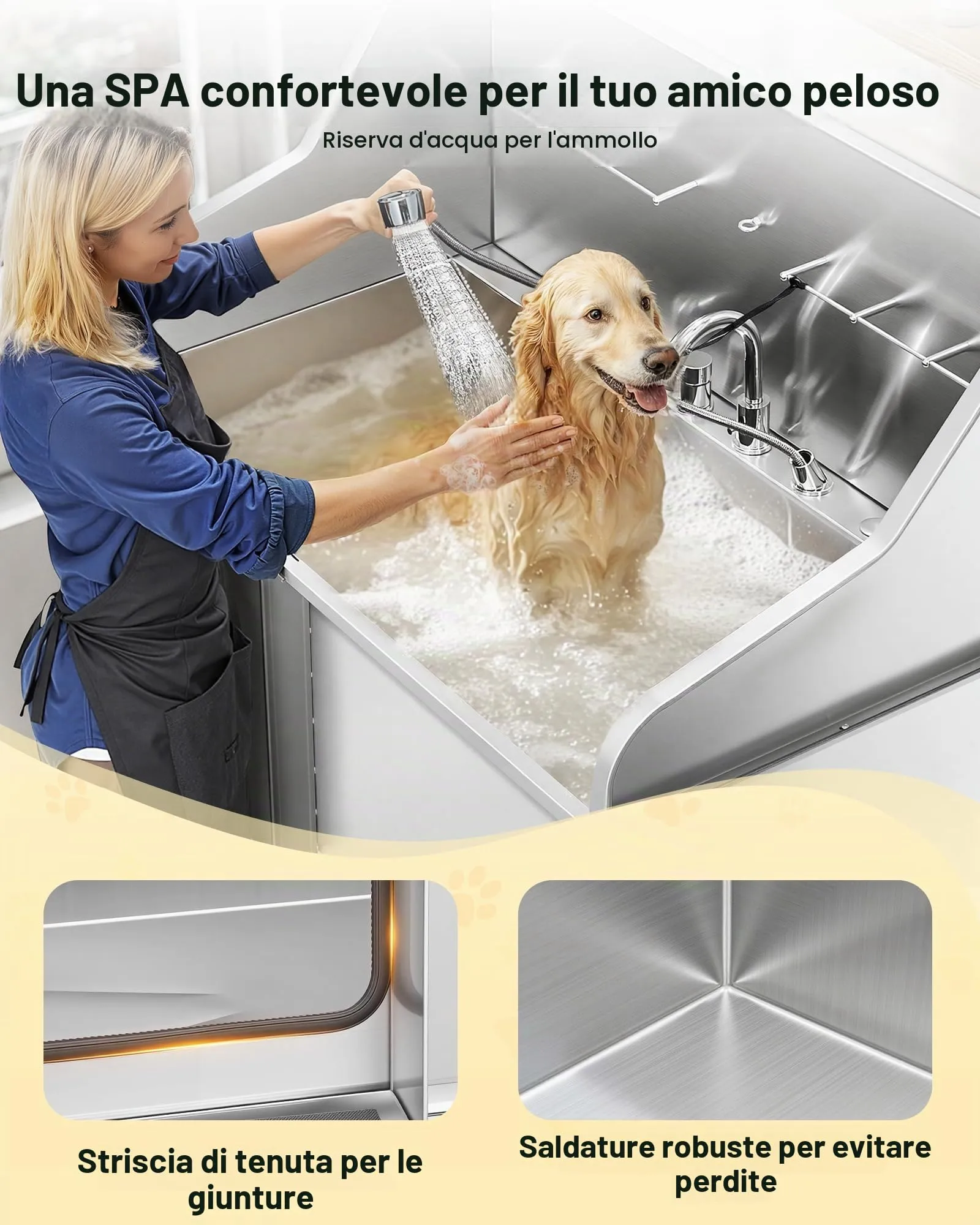 VEVOR Stazione di Lavaggio per Cani in Acciaio Inox, Vasca per Toelettatura per Animali Domestici di Grandi, Medie e Piccole Dimensioni da 127 cm con Rampa, Rubinetto e Soffione Doccia, Porta Destra - immagine 9