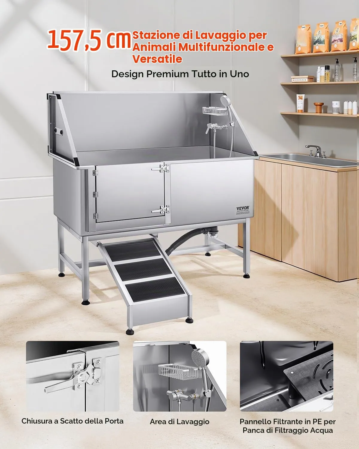 VEVOR Stazione di Lavaggio per Cani in Acciaio Inox, Vasca per Toelettatura per Animali Domestici di Grandi, Medie e Piccole Dimensioni 157,48 cm con Rampa, Pannello Filtro per Acqua, Porta Sinistra - immagine 2