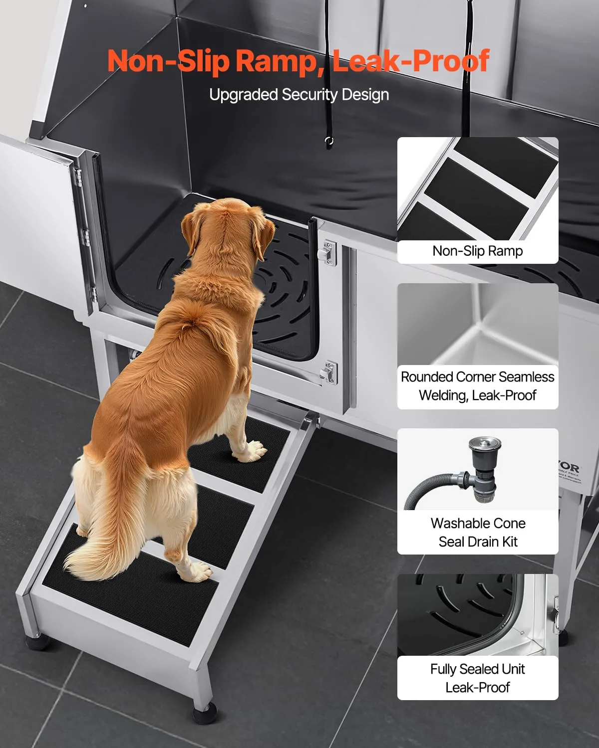 VEVOR Stazione di Lavaggio per Cani in Acciaio Inox, Vasca per Toelettatura per Animali Domestici di Grandi, Medie e Piccole Dimensioni 157,48 cm con Rampa, Pannello Filtro per Acqua, Porta Sinistra - immagine 3
