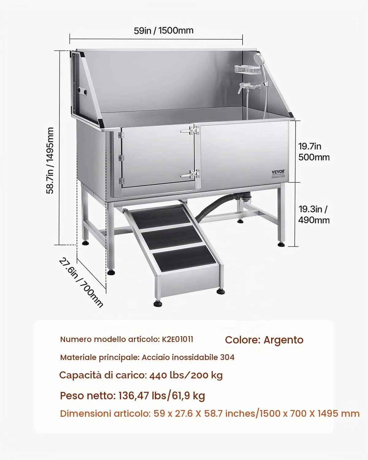 VEVOR Stazione di Lavaggio per Cani in Acciaio Inox, Vasca per Toelettatura per Animali Domestici di Grandi, Medie e Piccole Dimensioni 157,48 cm con Rampa, Pannello Filtro per Acqua, Porta Sinistra - immagine 7