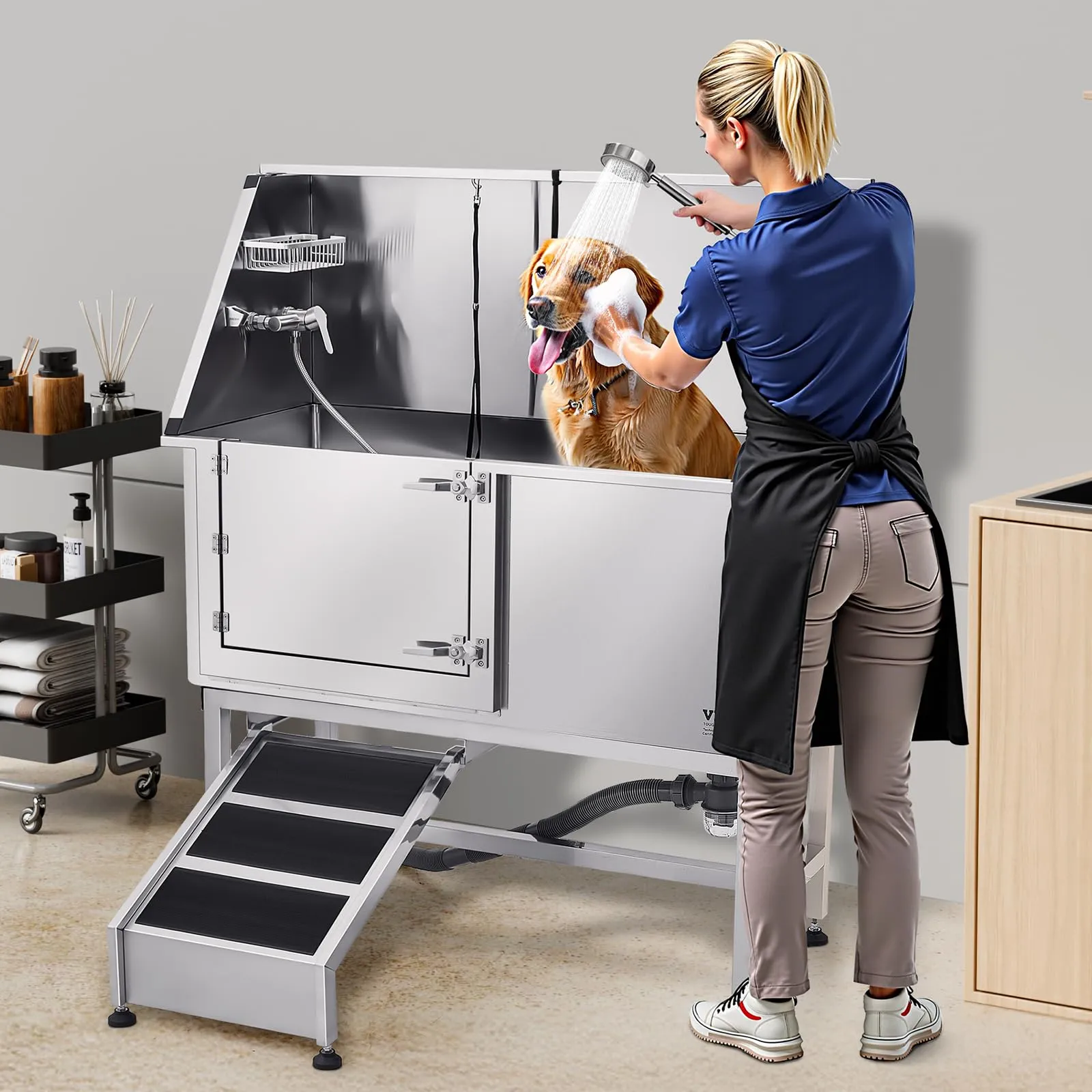 VEVOR Stazione di Lavaggio per Cani in Acciaio Inox, Vasca per Toelettatura per Animali Domestici di Grandi, Medie e Piccole Dimensioni 157,48 cm con Rampa, Pannello Filtro per Acqua, Porta Sinistra - immagine 8