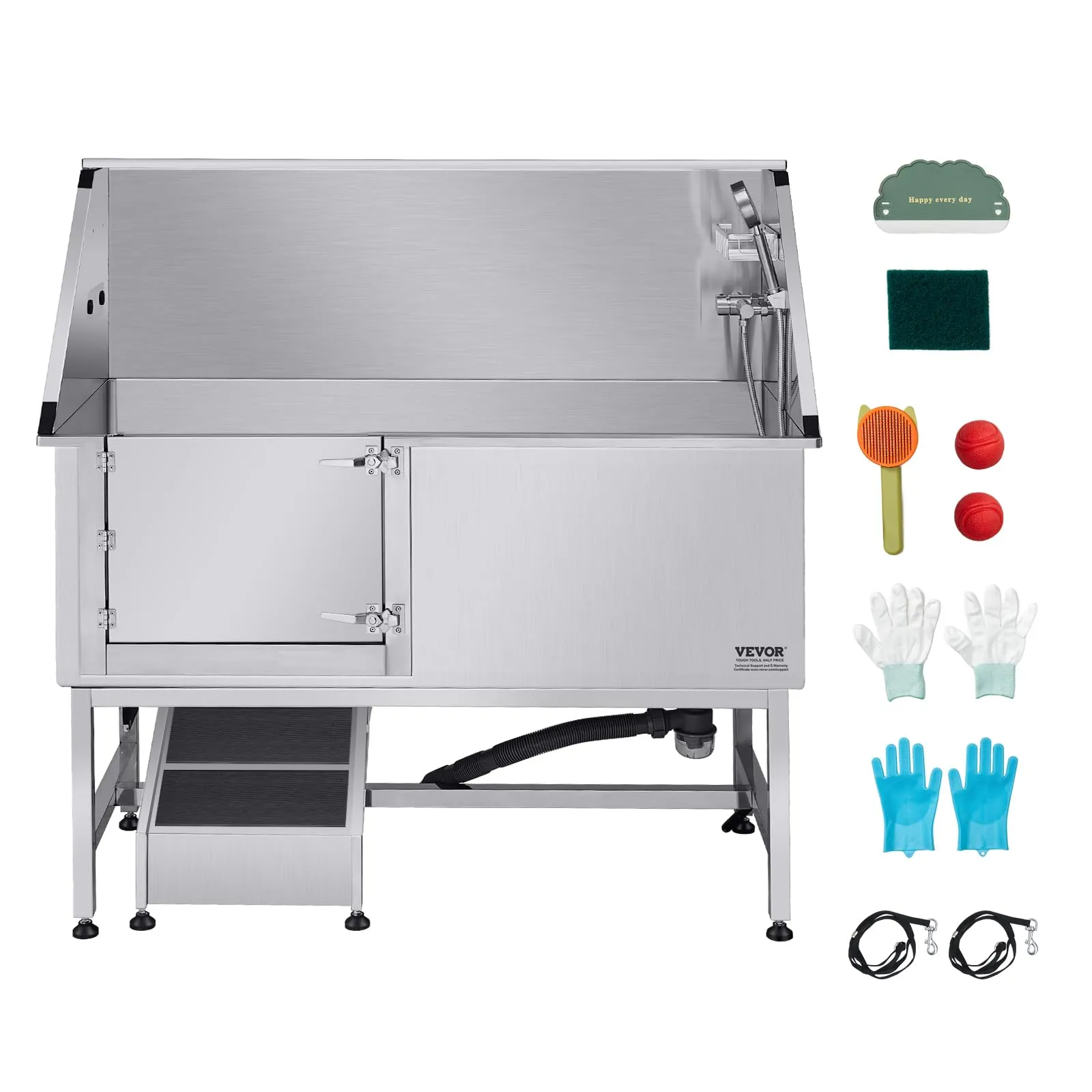 VEVOR Stazione di Lavaggio per Cani in Acciaio Inox, Vasca per Toelettatura per Animali Domestici di Grandi, Medie e Piccole Dimensioni 157,48 cm con Rampa, Pannello Filtro per Acqua, Porta Sinistra - immagine 9
