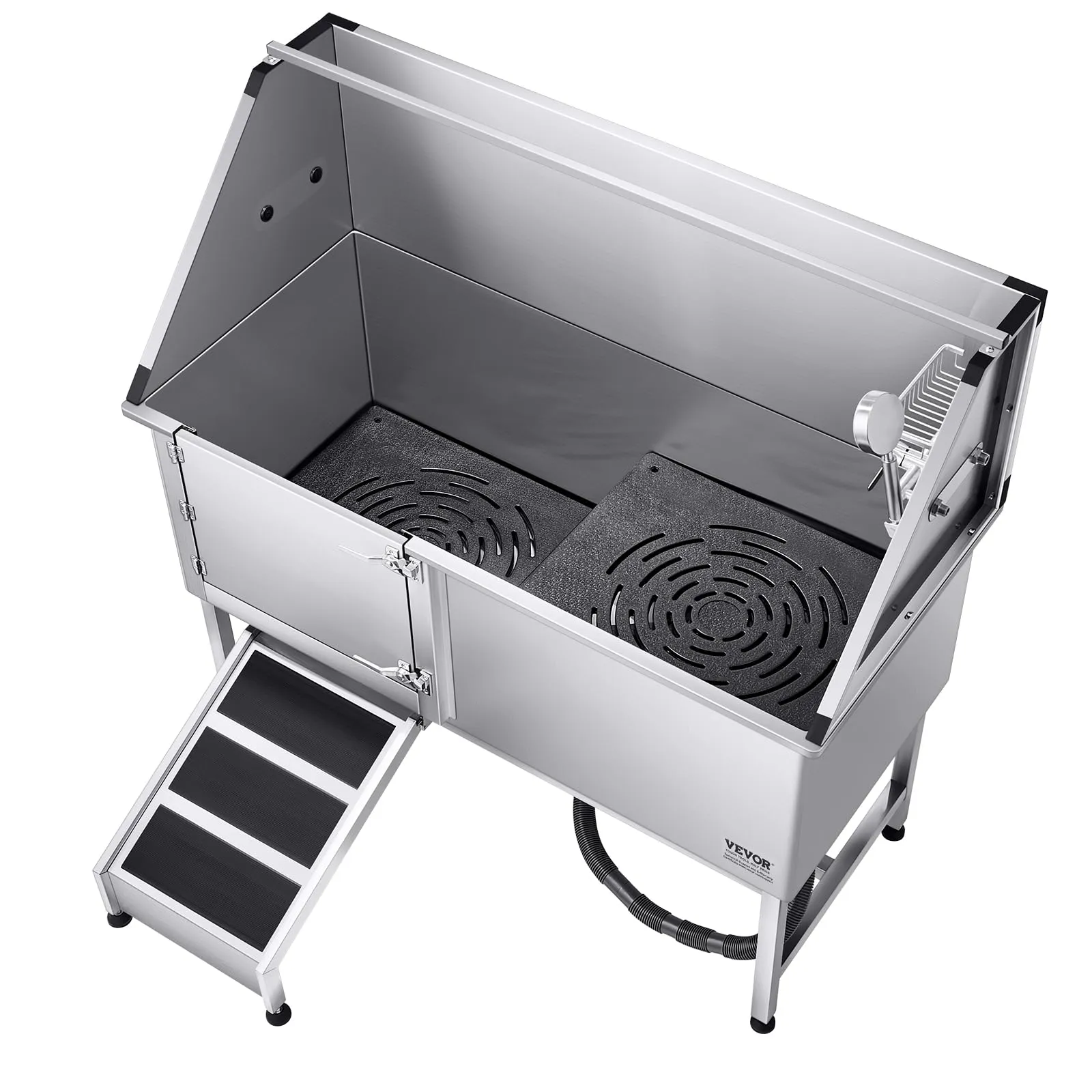VEVOR Stazione di Lavaggio per Cani in Acciaio Inox, Vasca per Toelettatura per Animali Domestici di Grandi, Medie e Piccole Dimensioni 157,48 cm con Rampa, Pannello Filtro per Acqua, Porta Sinistra - immagine 12