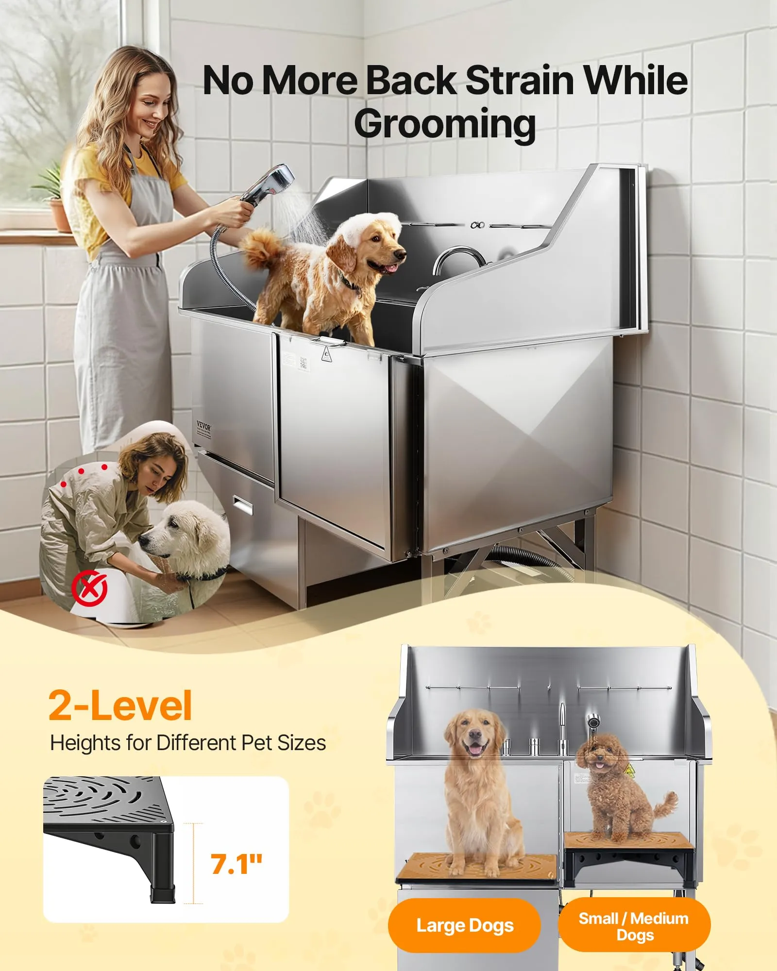 VEVOR Stazione di Lavaggio per Cani in Acciaio Inox, Vasca per Toelettatura per Animali Domestici di Grandi, Medie e Piccole Dimensioni da 154,94 cm con Rampa, Pannello Filtro Acqua, Porta Destra - immagine 3