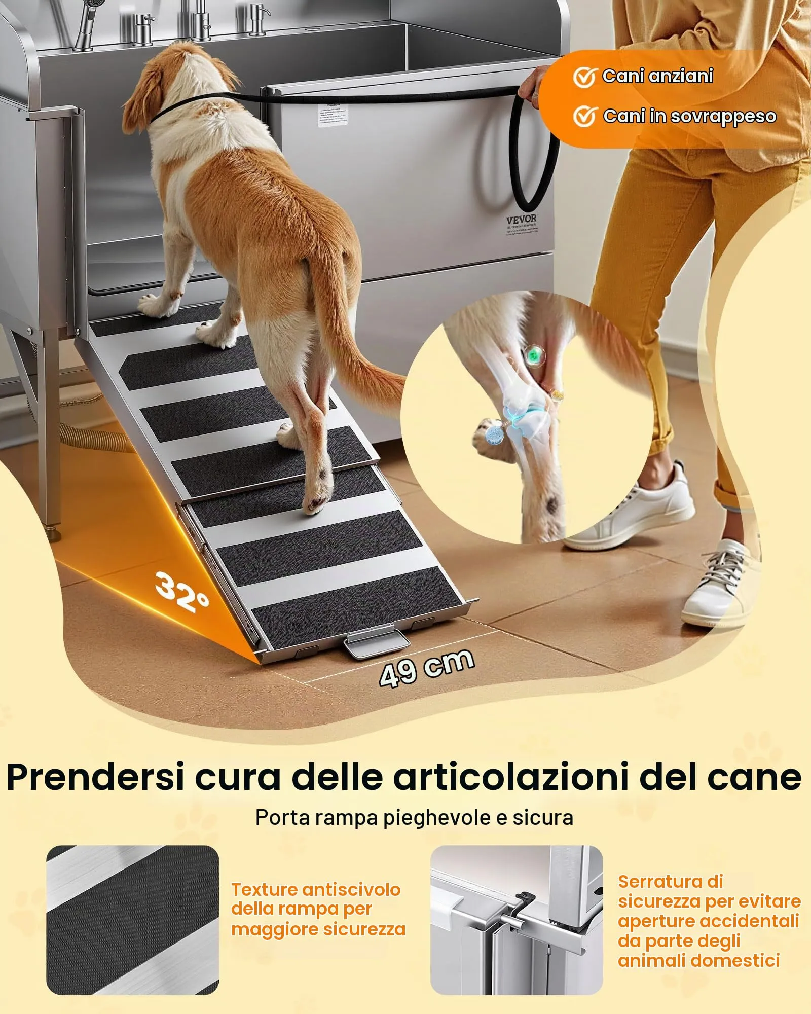 VEVOR Stazione di Lavaggio per Cani in Acciaio Inox, Vasca per Toelettatura per Animali Domestici di Grandi, Medie e Piccole Dimensioni da 154,94 cm con Rampa, Pannello Filtro Acqua, Porta Destra - immagine 4