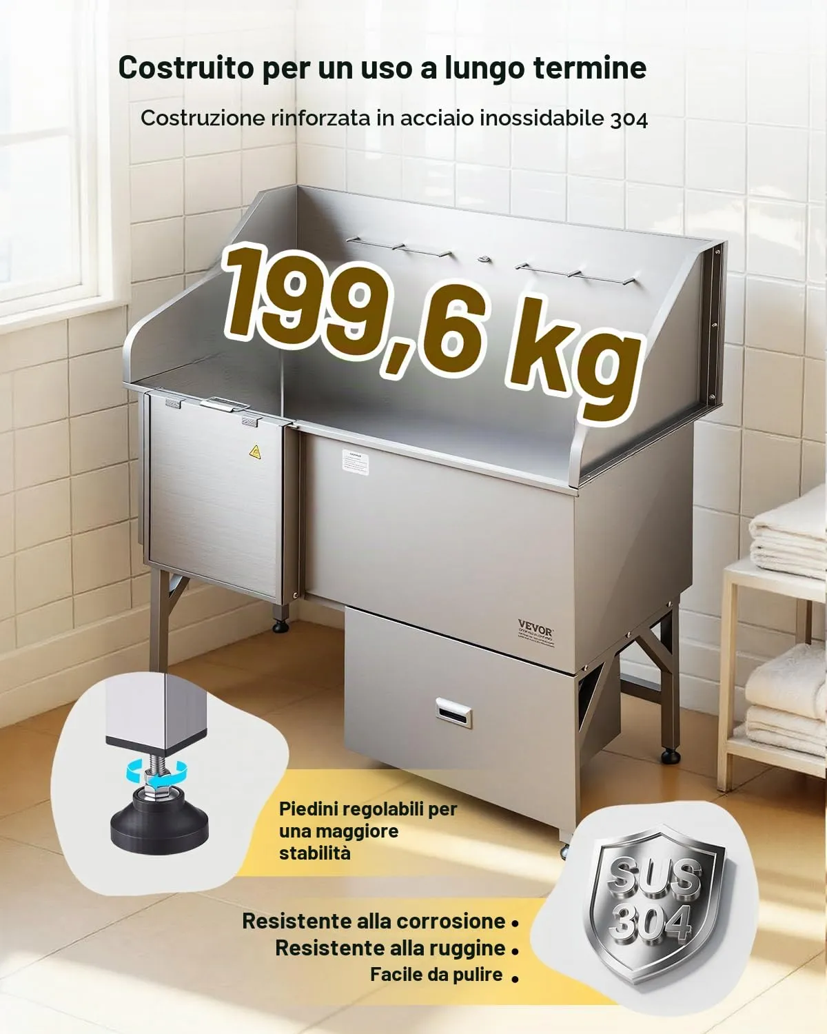 VEVOR Stazione di Lavaggio per Cani in Acciaio Inox, Vasca per Toelettatura per Animali Domestici di Grandi, Medie e Piccole Dimensioni da 154,94 cm con Rampa, Pannello Filtro Acqua, Porta Destra - immagine 6