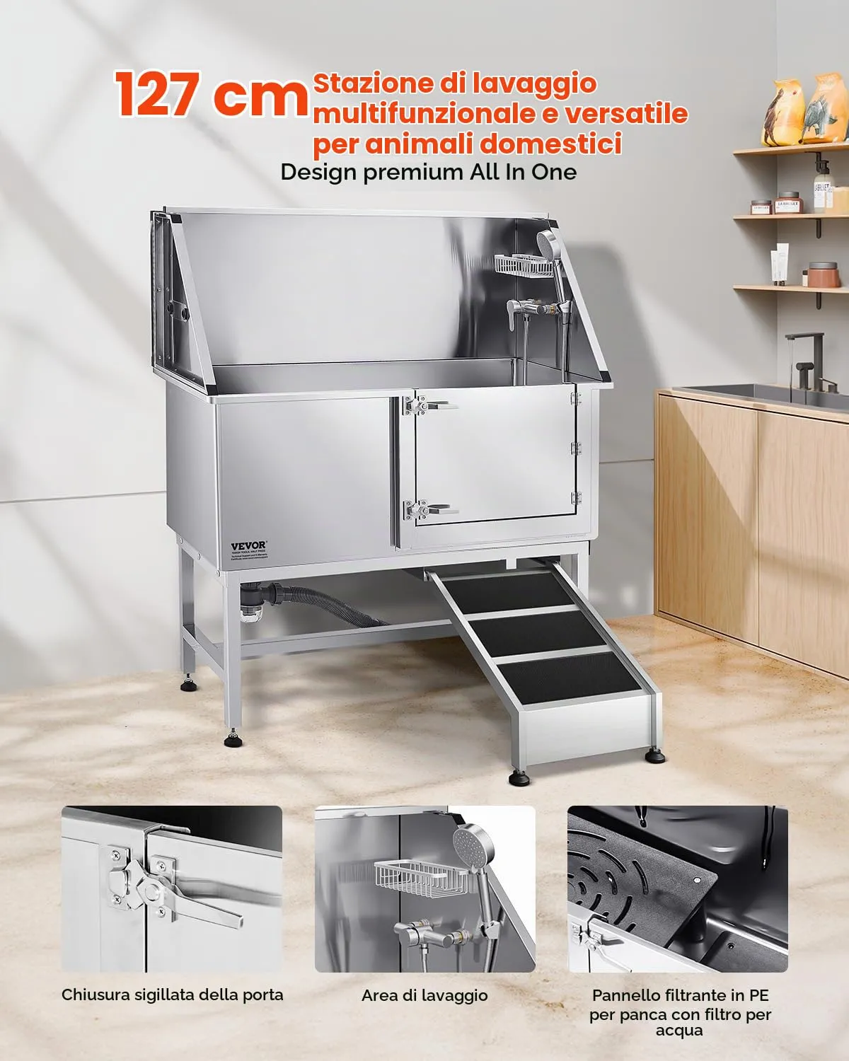 VEVOR Stazione di Lavaggio per Cani in Acciaio Inox, Vasca per Toelettatura per Animali Domestici di Grandi, Medie e Piccole Dimensioni da 127 cm con Rampa, Pannello Filtro per Acqua, Porta Destra - immagine 2