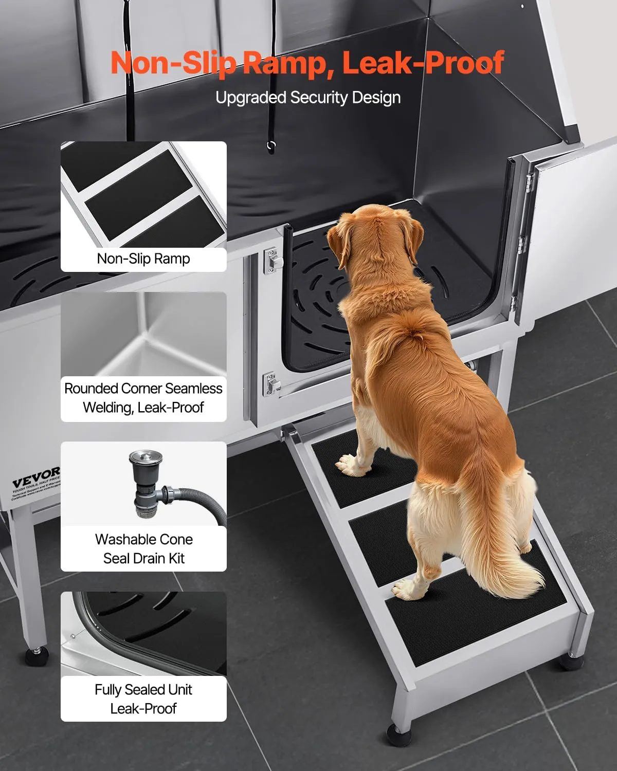 VEVOR Stazione di Lavaggio per Cani in Acciaio Inox, Vasca per Toelettatura per Animali Domestici di Grandi, Medie e Piccole Dimensioni da 127 cm con Rampa, Pannello Filtro per Acqua, Porta Destra - immagine 3