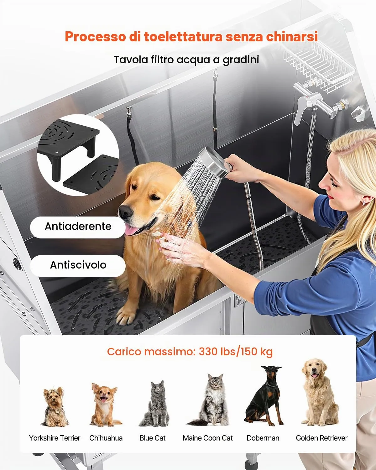 VEVOR Stazione di Lavaggio per Cani in Acciaio Inox, Vasca per Toelettatura per Animali Domestici di Grandi, Medie e Piccole Dimensioni da 127 cm con Rampa, Pannello Filtro per Acqua, Porta Destra - immagine 4