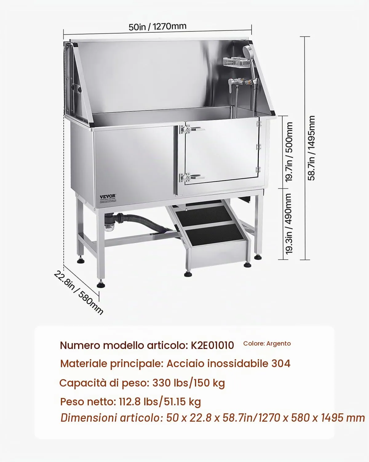 VEVOR Stazione di Lavaggio per Cani in Acciaio Inox, Vasca per Toelettatura per Animali Domestici di Grandi, Medie e Piccole Dimensioni da 127 cm con Rampa, Pannello Filtro per Acqua, Porta Destra - immagine 7