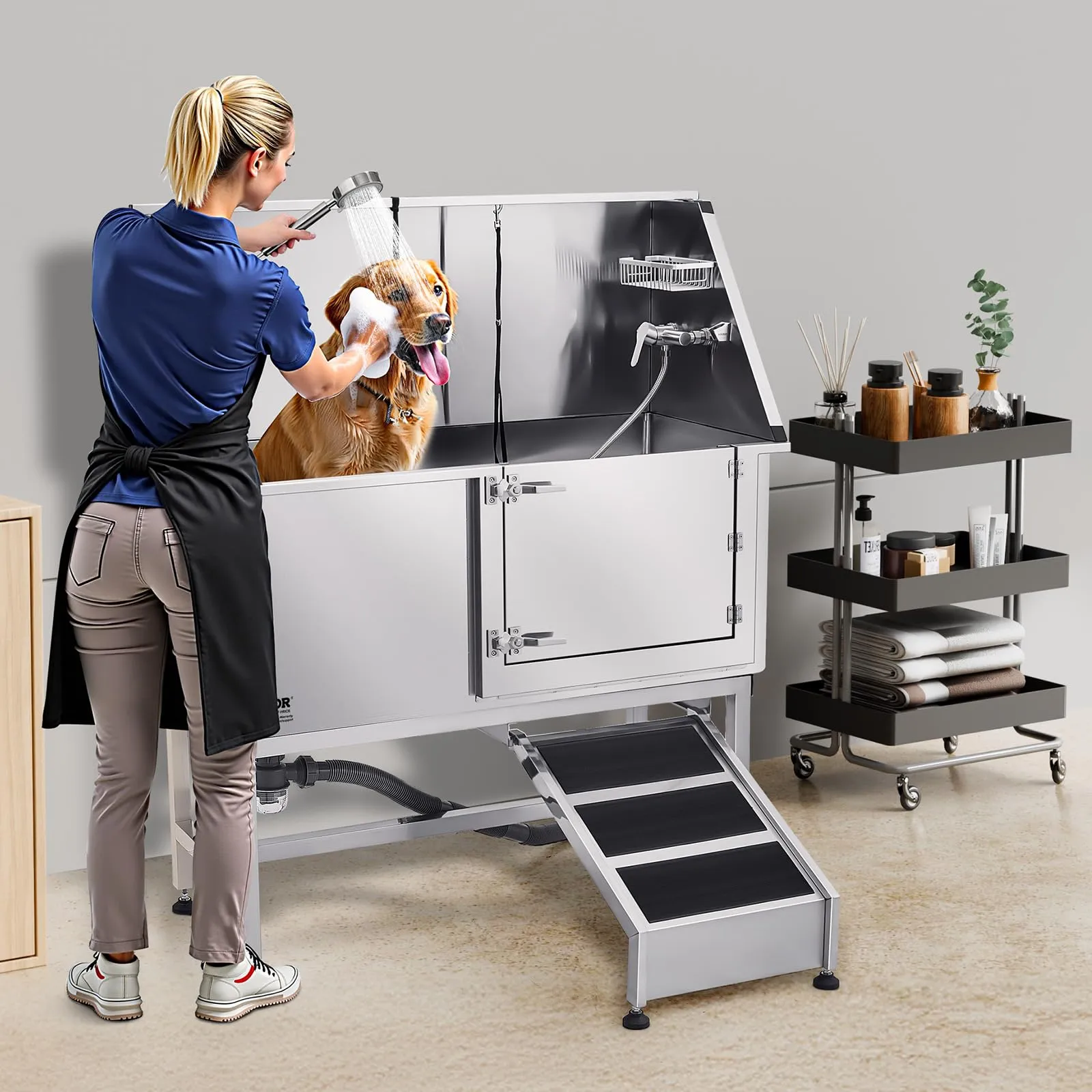 VEVOR Stazione di Lavaggio per Cani in Acciaio Inox, Vasca per Toelettatura per Animali Domestici di Grandi, Medie e Piccole Dimensioni da 127 cm con Rampa, Pannello Filtro per Acqua, Porta Destra - immagine 8
